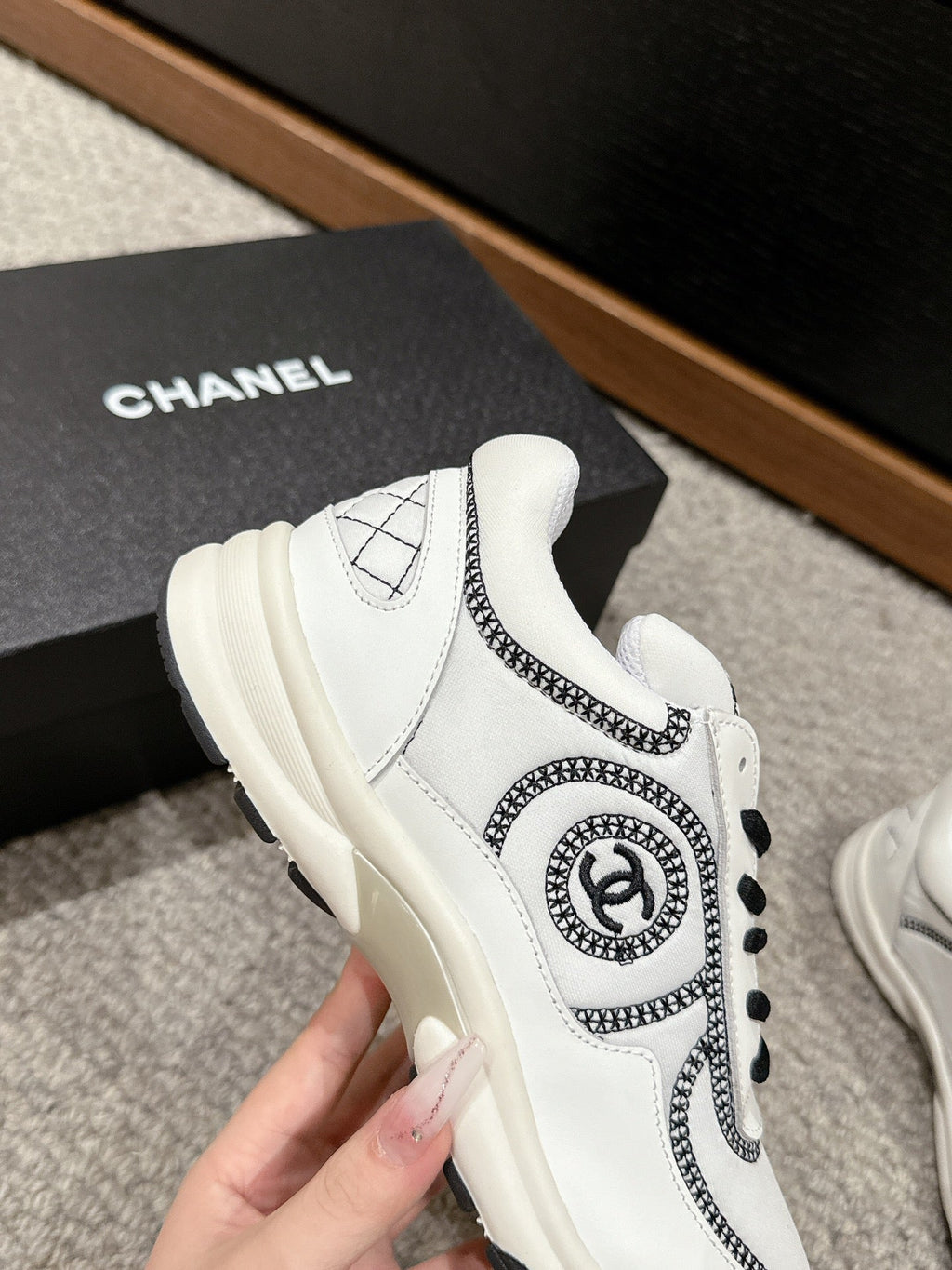 CHANEL CLASSIC TRAINER IN WHITE MIX BLACK FABRIC