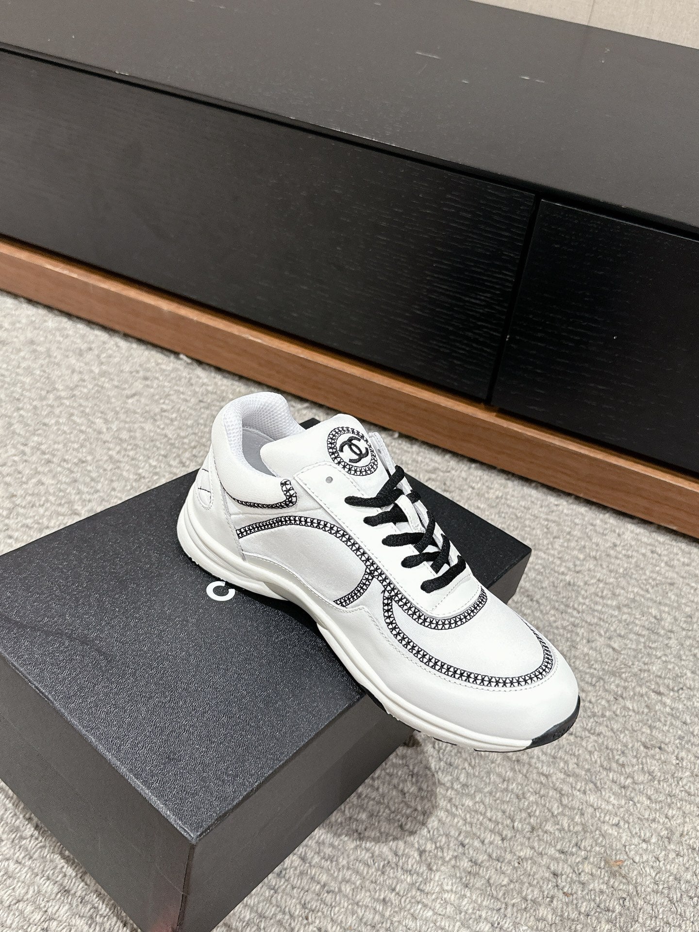 CHANEL CLASSIC TRAINER IN WHITE MIX BLACK FABRIC