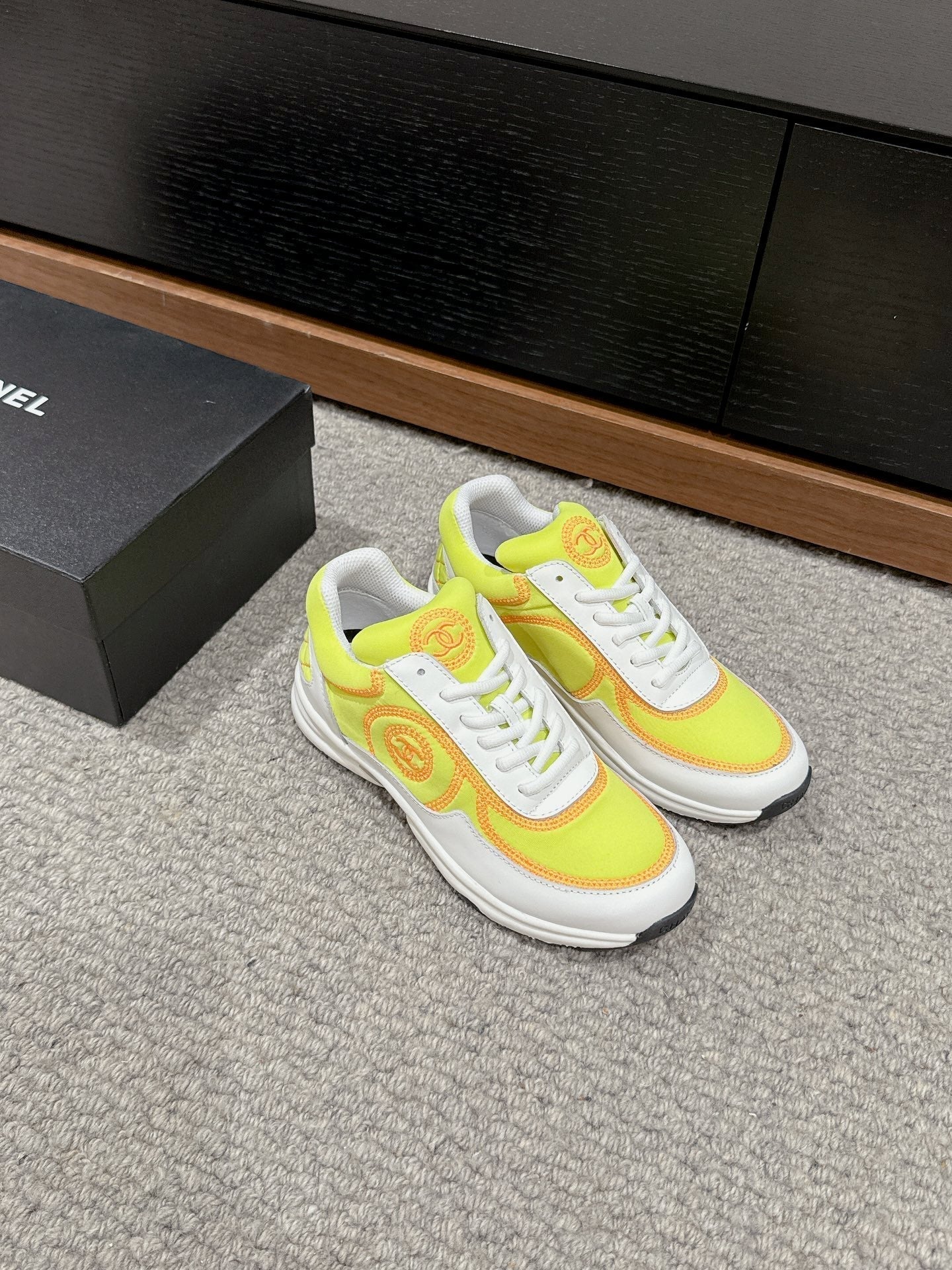 CHANEL CLASSIC TRAINER IN YELLOW MIX WHITE FABRIC
