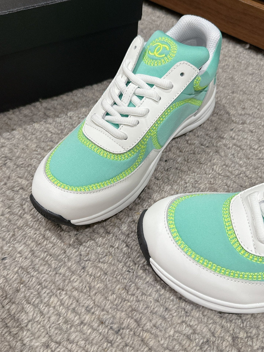 CHANEL CLASSIC TRAINER IN MINT GREEN MIX WHITE FABRIC