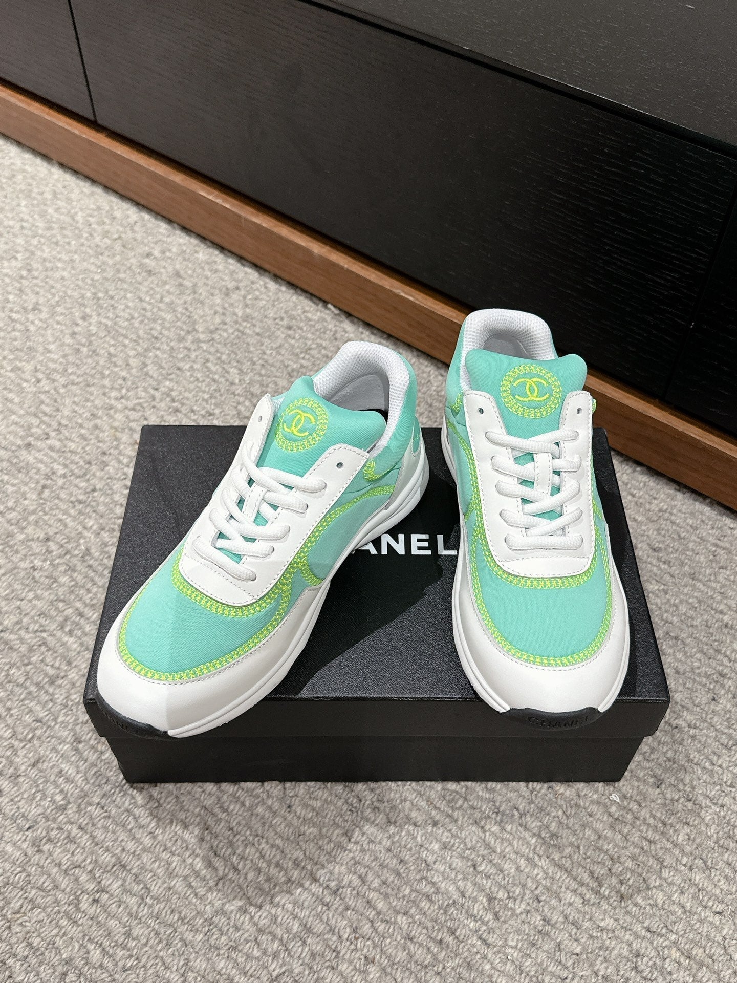 CHANEL CLASSIC TRAINER IN MINT GREEN MIX WHITE FABRIC