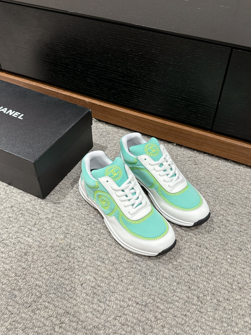 CHANEL CLASSIC TRAINER IN MINT GREEN MIX WHITE FABRIC