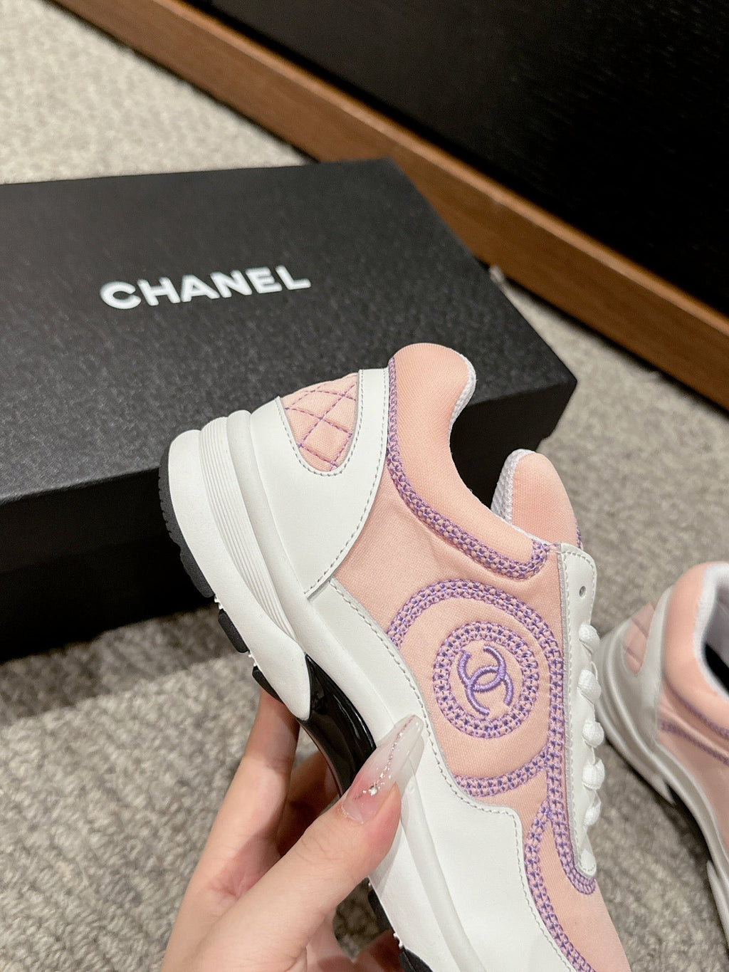 CHANEL CLASSIC TRAINER IN LIGHT PINK MIX WHITE FABRIC