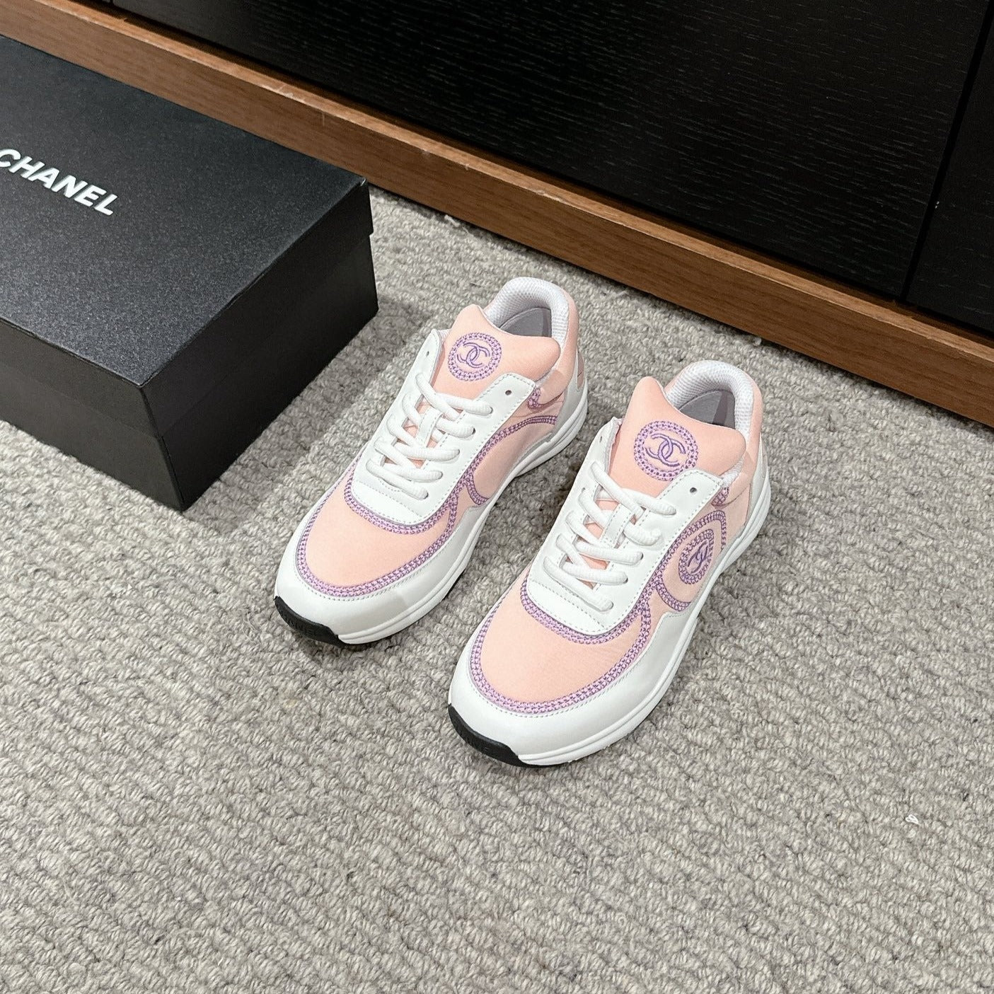 CHANEL CLASSIC TRAINER IN LIGHT PINK MIX WHITE FABRIC