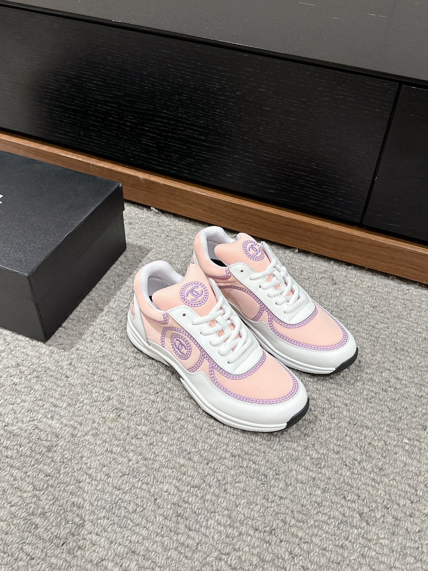 CHANEL CLASSIC TRAINER IN LIGHT PINK MIX WHITE FABRIC
