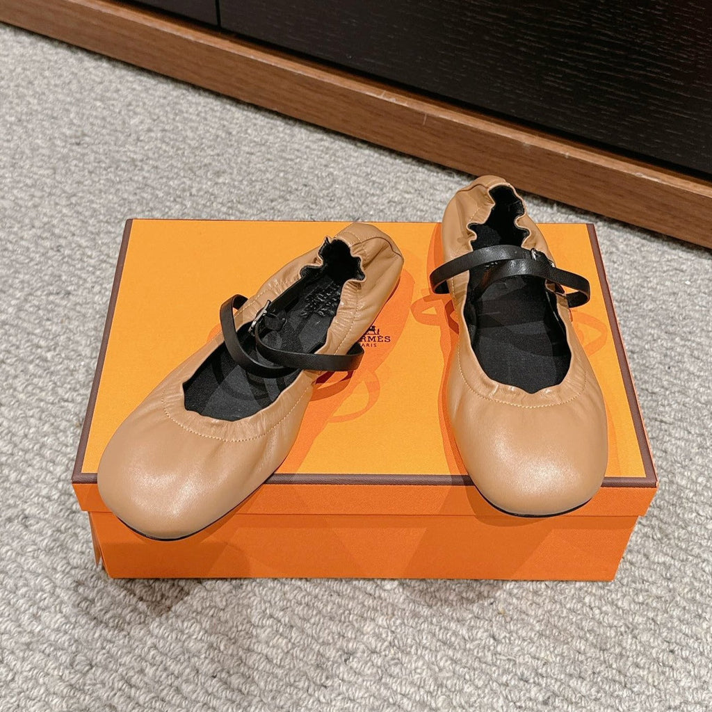 HERMES BALLERINA BALLET FLAT BRIGHT BROWN LAMBSKIN