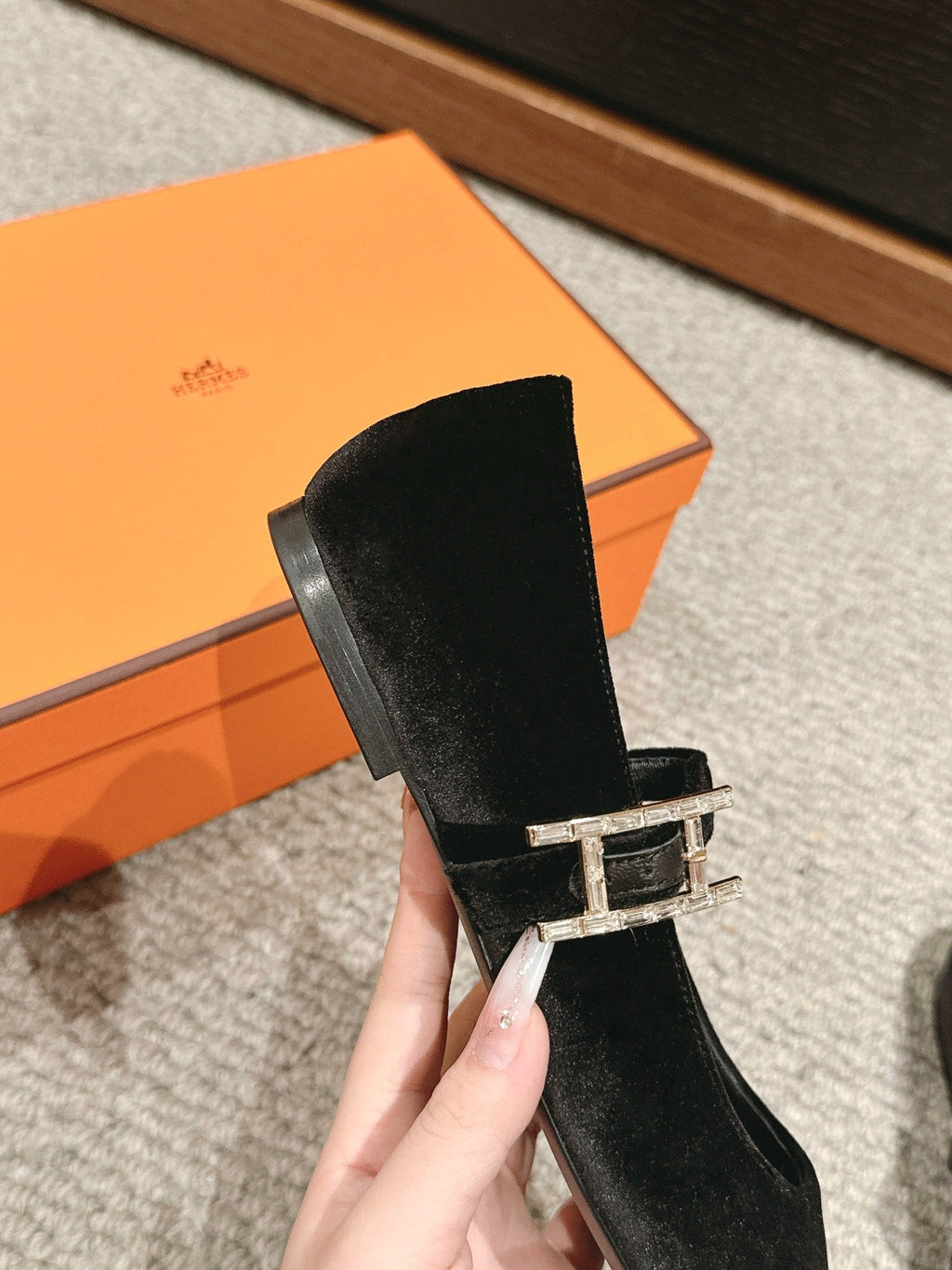 HERMES JANE BALLET FLAT BLACK VELVET