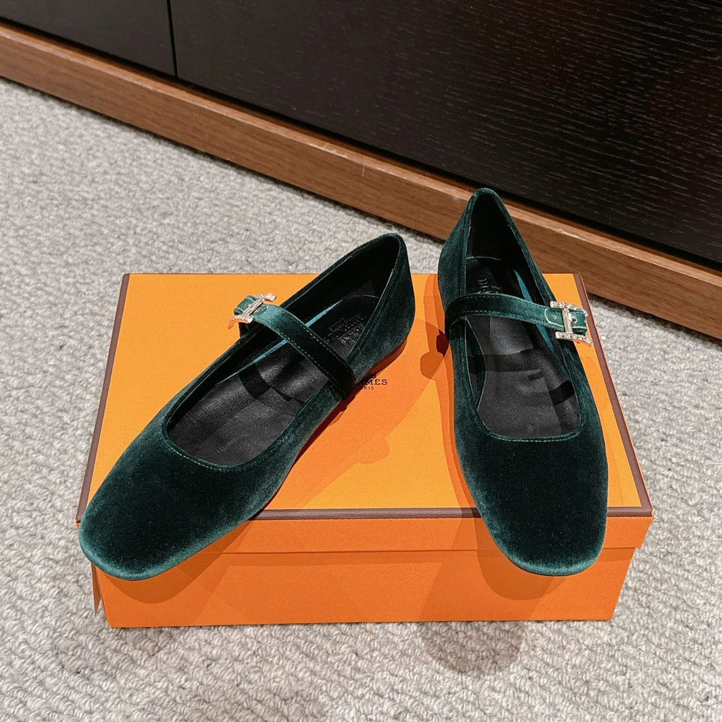 HERMES JANE BALLET FLAT CASTLETON GREEN VELVET