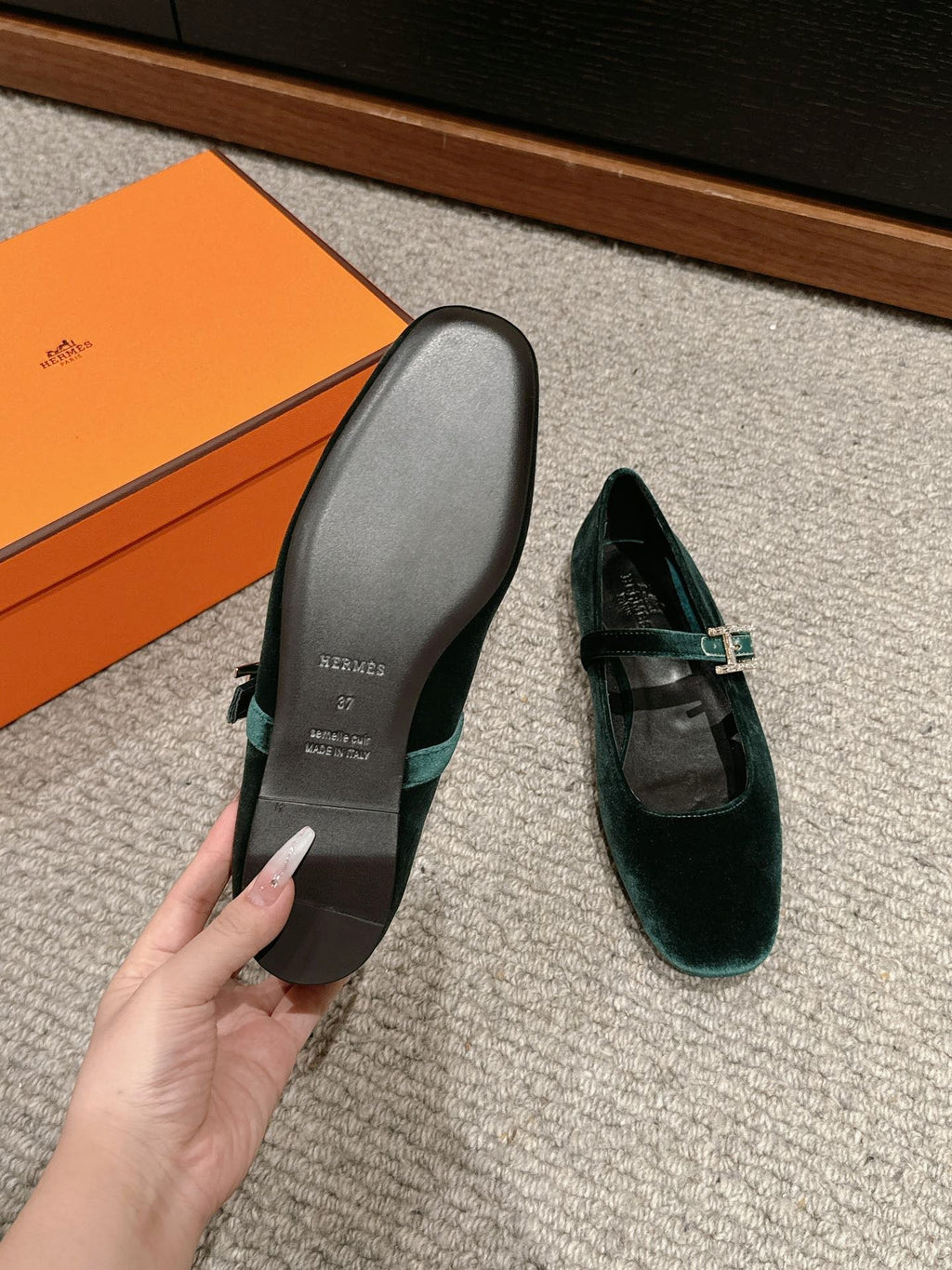 HERMES JANE BALLET FLAT CASTLETON GREEN VELVET