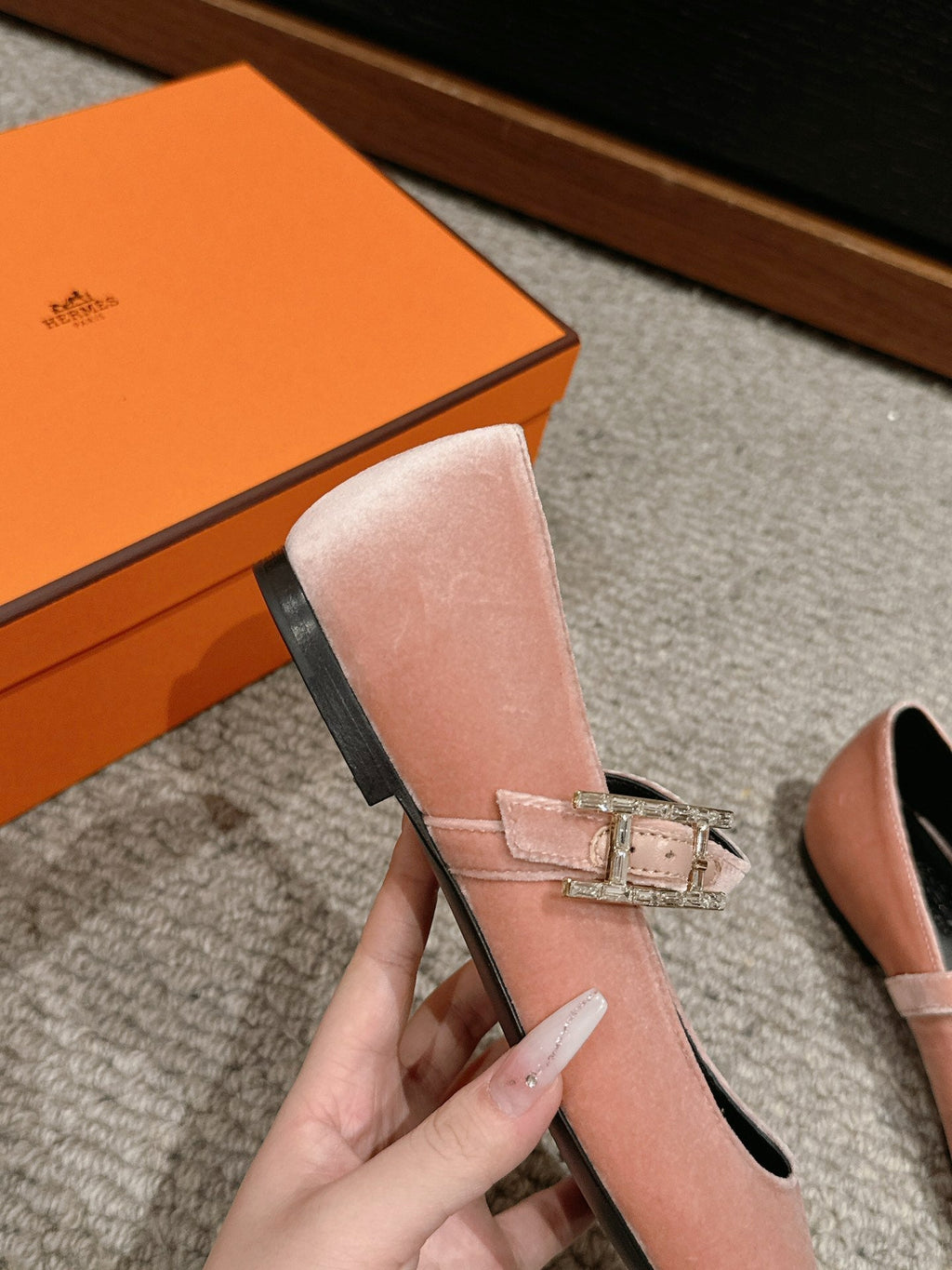 HERMES JANE BALLET FLAT PEACHY PINK VELVET