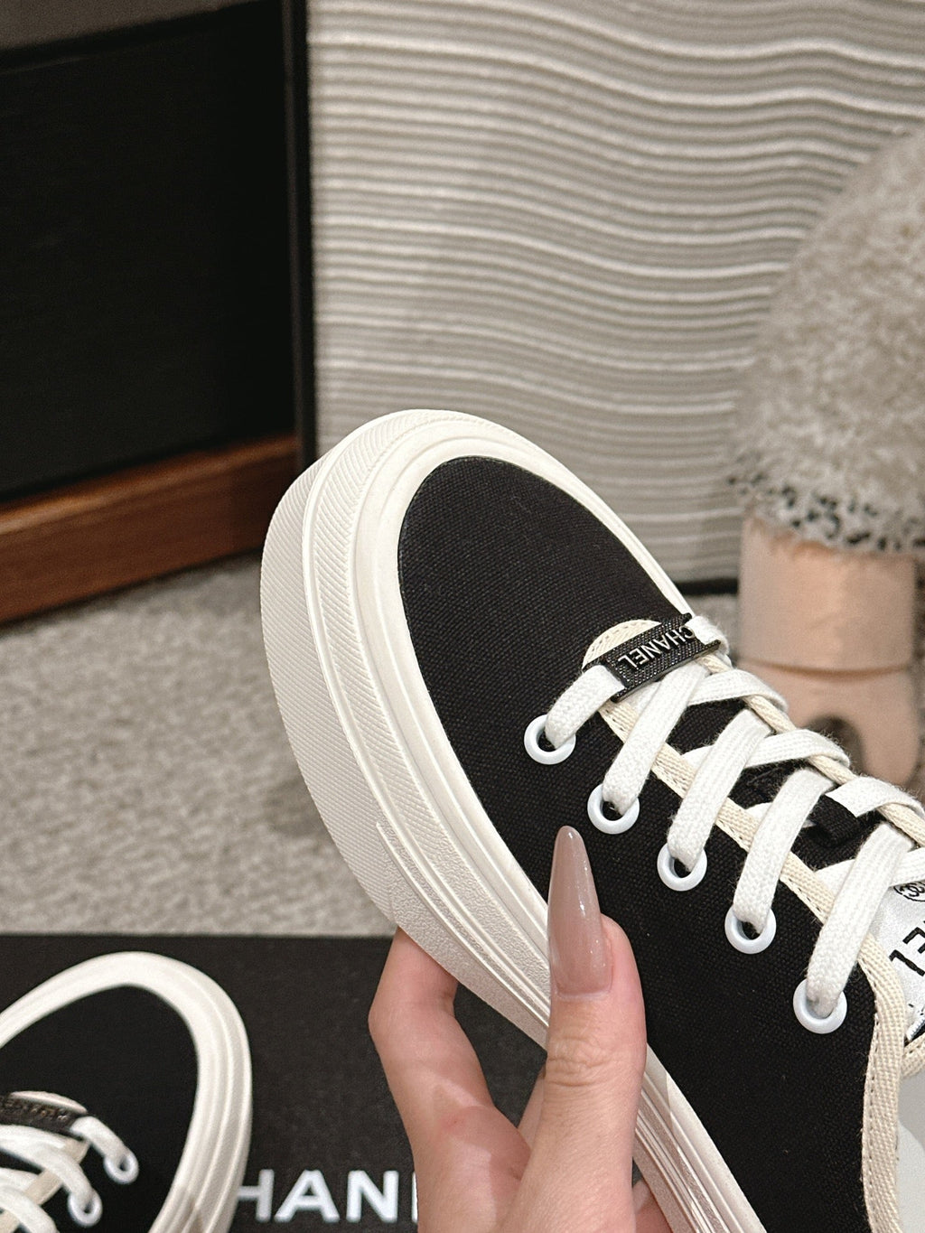 CHANEL LACE-UP SNEAKERS IN BLACK CANVAS