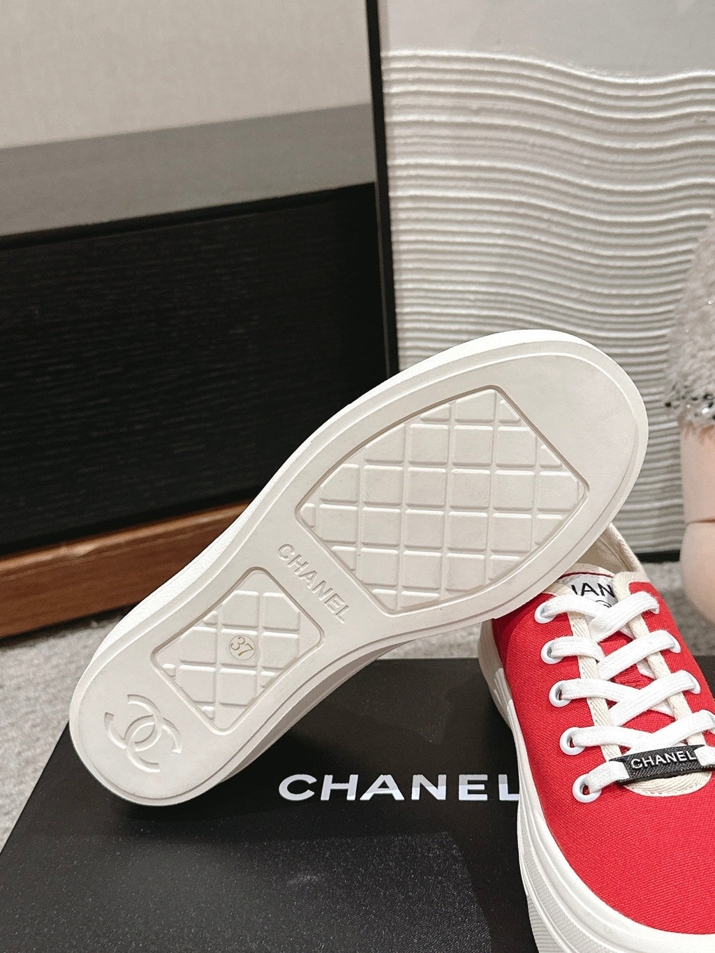 CHANEL LACE-UP SNEAKERS IN CHERRY RED CANVAS