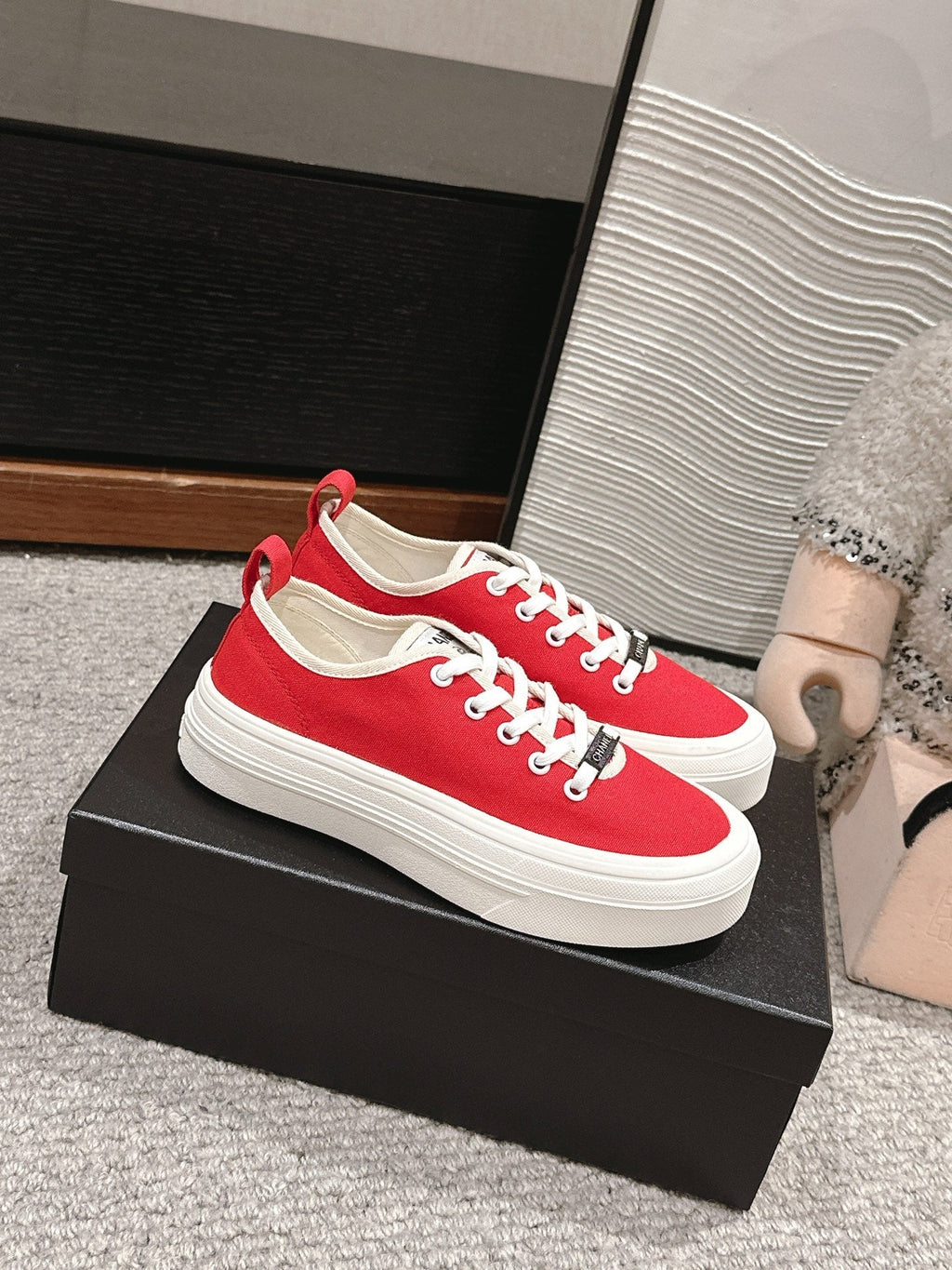 CHANEL LACE-UP SNEAKERS IN CHERRY RED CANVAS