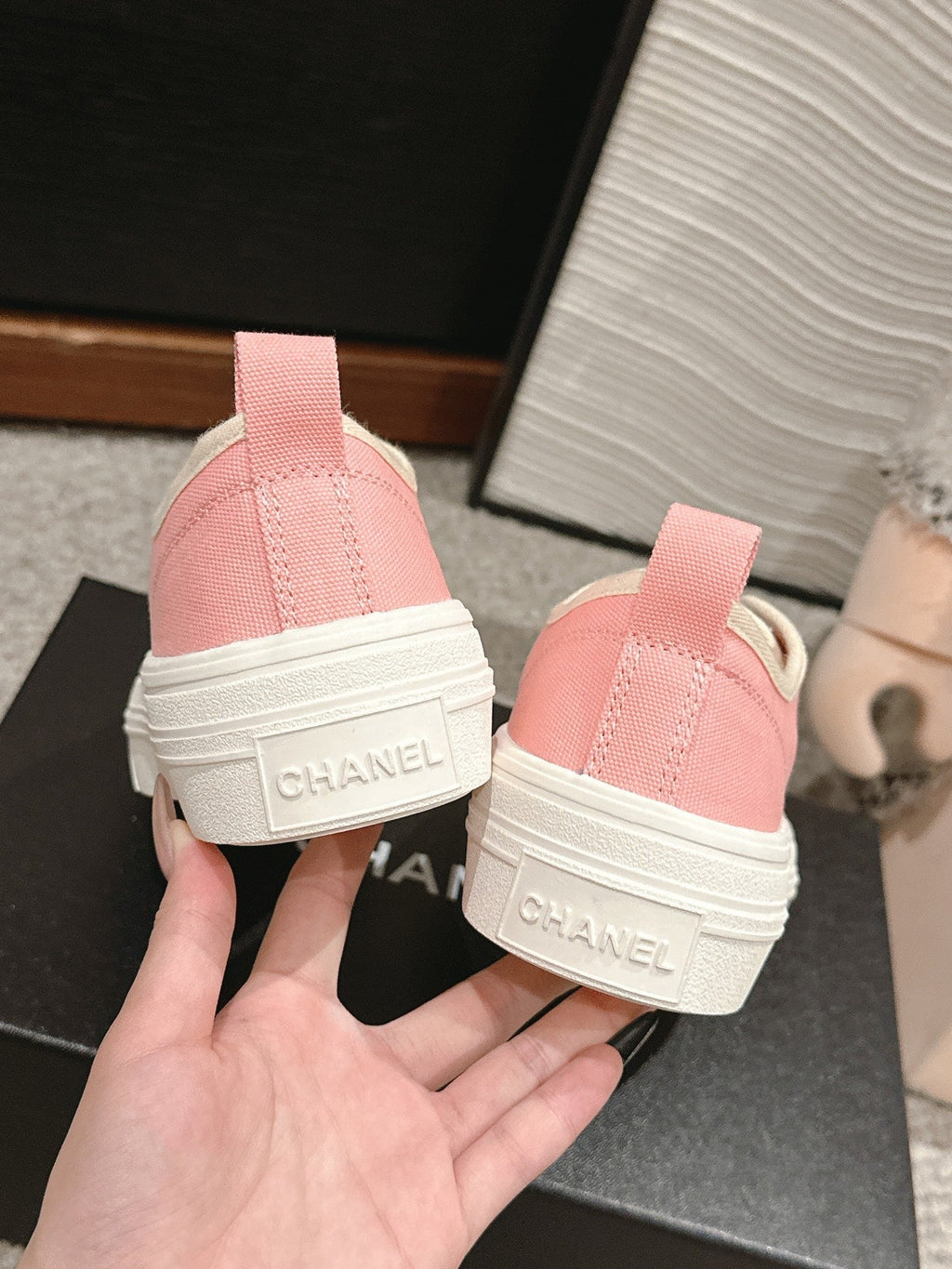 CHANEL LACE-UP SNEAKERS IN PASTEL PINK CANVAS