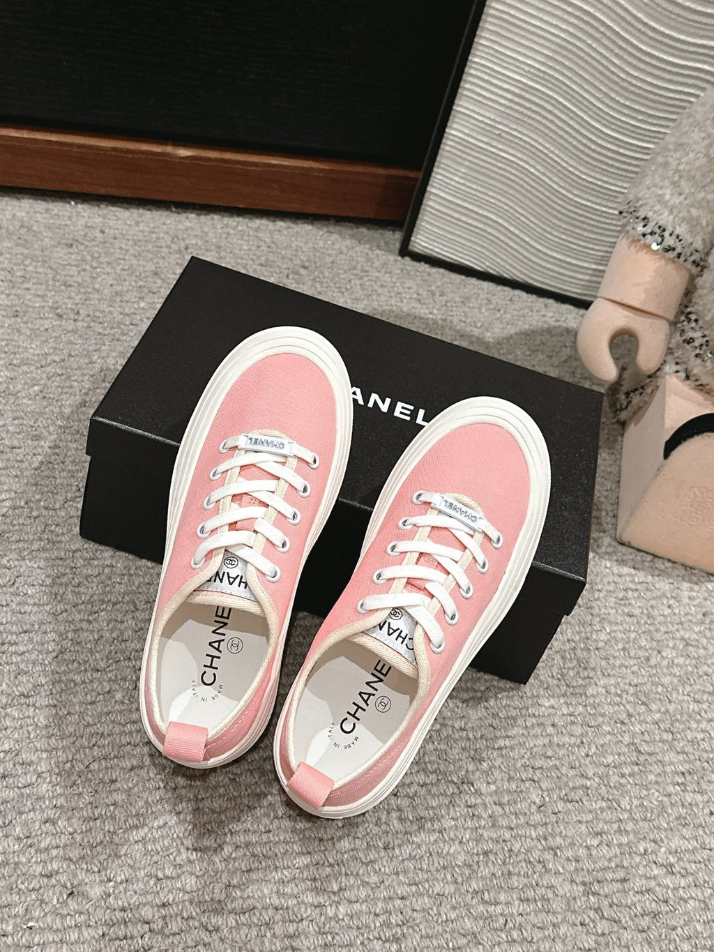 CHANEL LACE-UP SNEAKERS IN PASTEL PINK CANVAS
