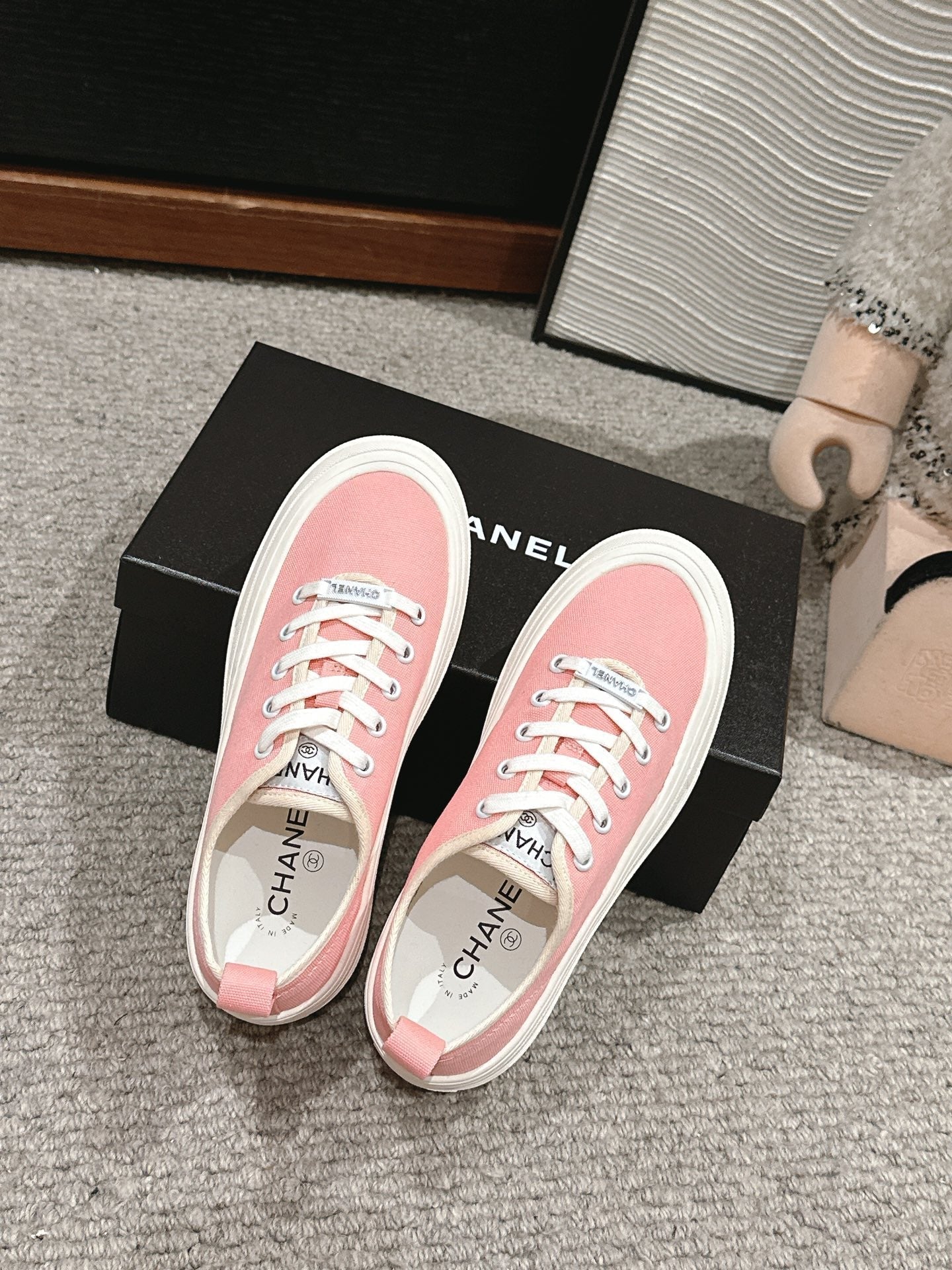 CHANEL LACE-UP SNEAKERS IN PASTEL PINK CANVAS