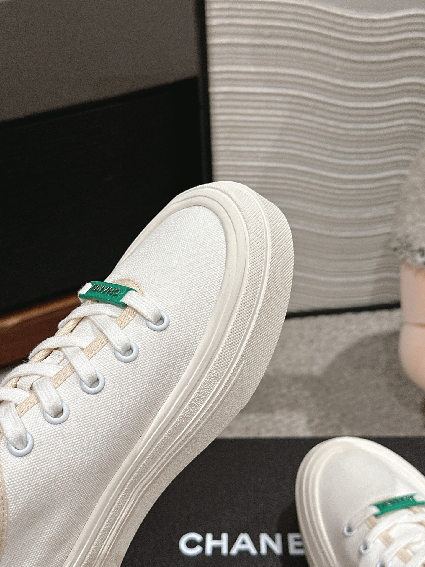 CHANEL LACE-UP SNEAKERS IN WHITE CANVAS
