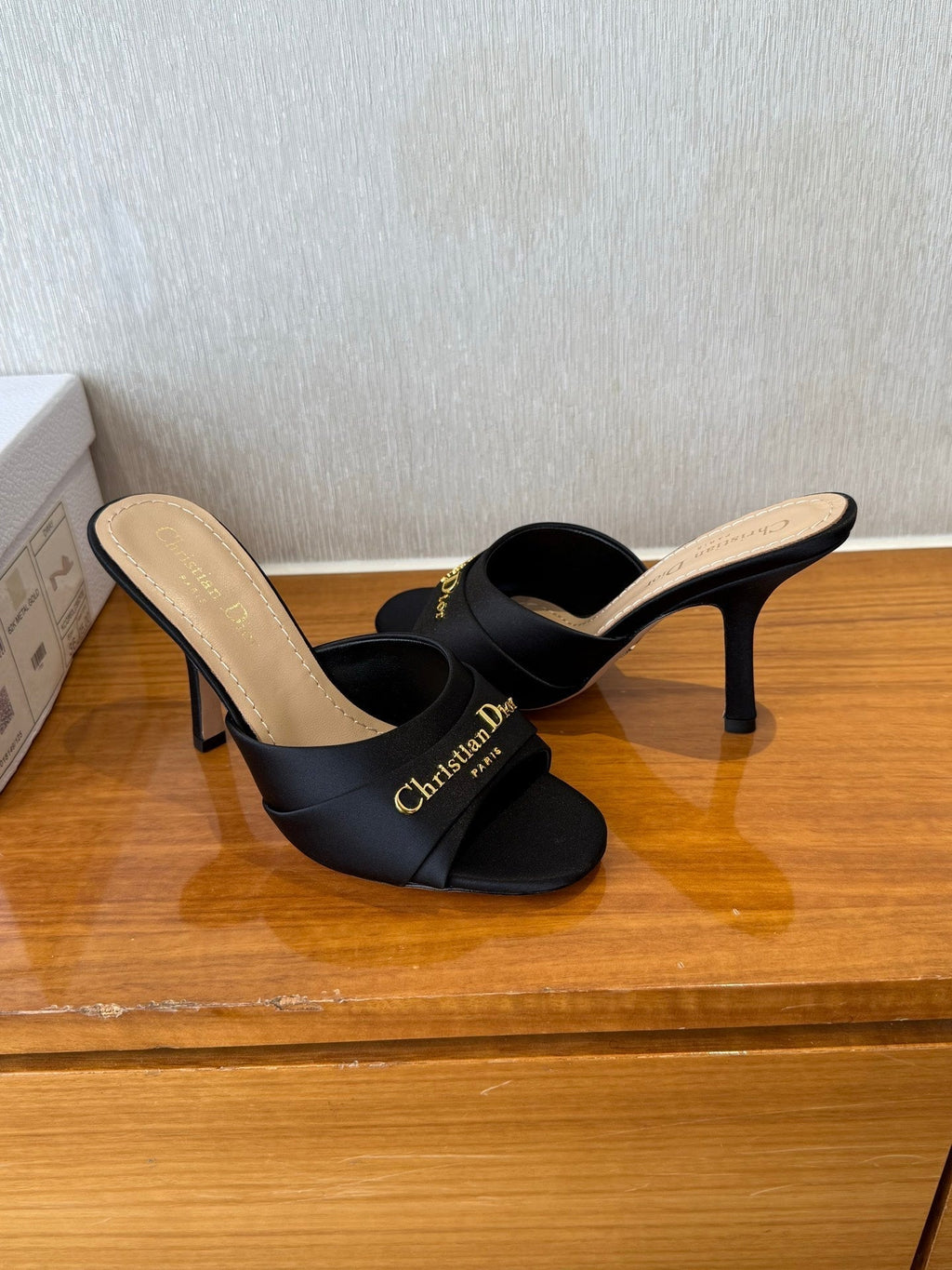 DIOR PEEP TOE SANDAL 25S HEELS 10CM IN BLACK SATIN