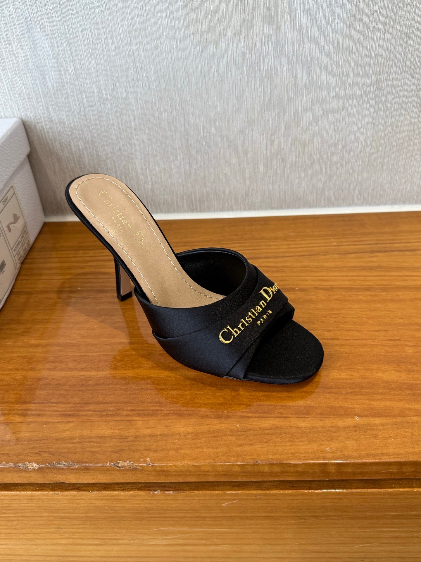 DIOR PEEP TOE SANDAL 25S HEELS 10CM IN BLACK SATIN