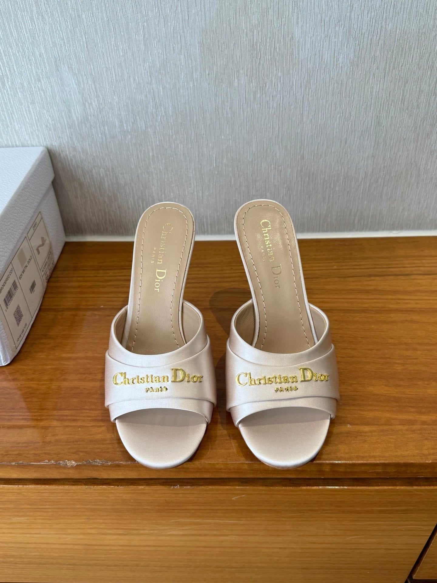 DIOR PEEP TOE SANDAL 25S HEELS 10CM IN PALE PINK BEIGE SATIN