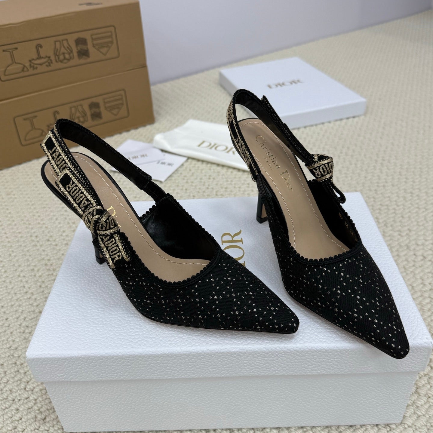 DIOR HIGH SLINGBACK 100 MM 25S IN BLACK FABRIC AND BRAND NAME EMBROIDERY