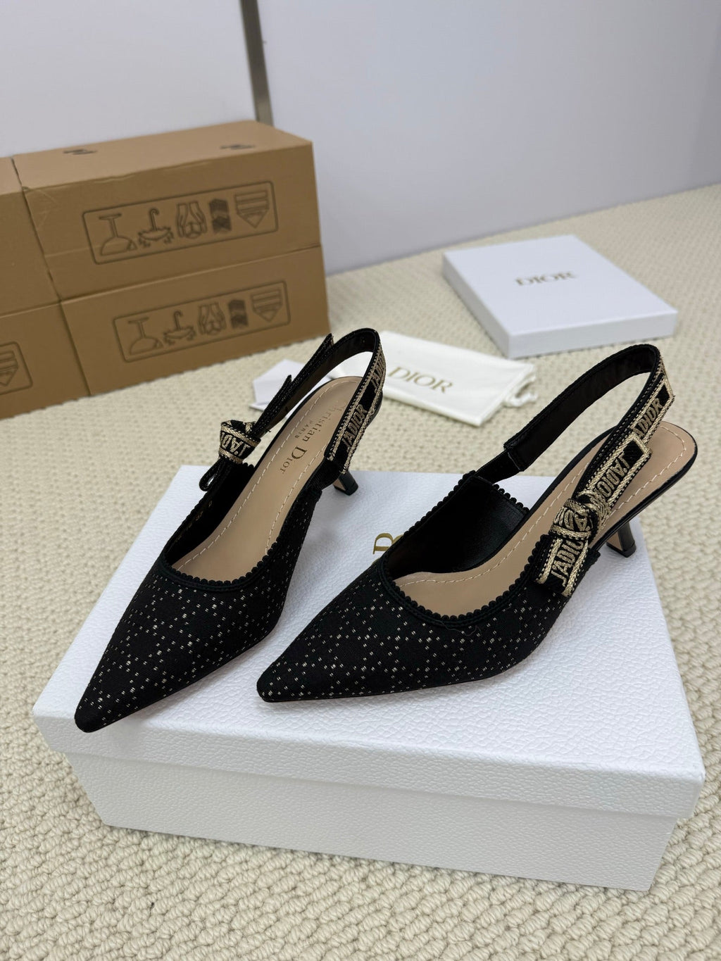 DIOR HIGH SLINGBACK 65 MM 25S IN BLACK FABRIC AND BRAND NAME EMBROIDERY