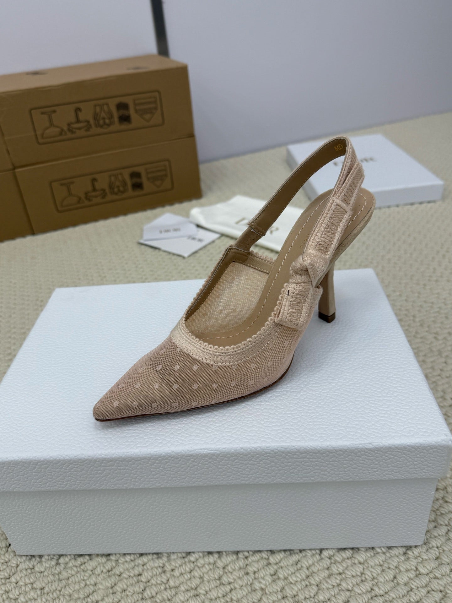 DIOR HIGH SLINGBACK 100 MM 25S IN NUDE LACE NET FABRIC AND SUEDE