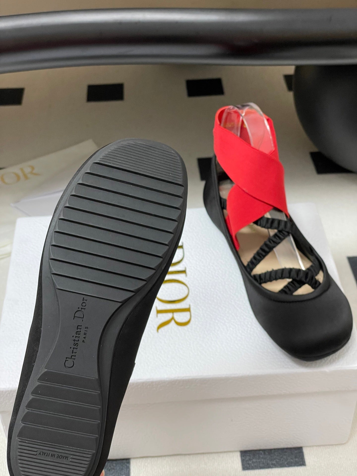 DIOR STRETCH BALLET FLATS 25S IN BLACK MIX RED FABRIC WITH CROSSED STRAPS