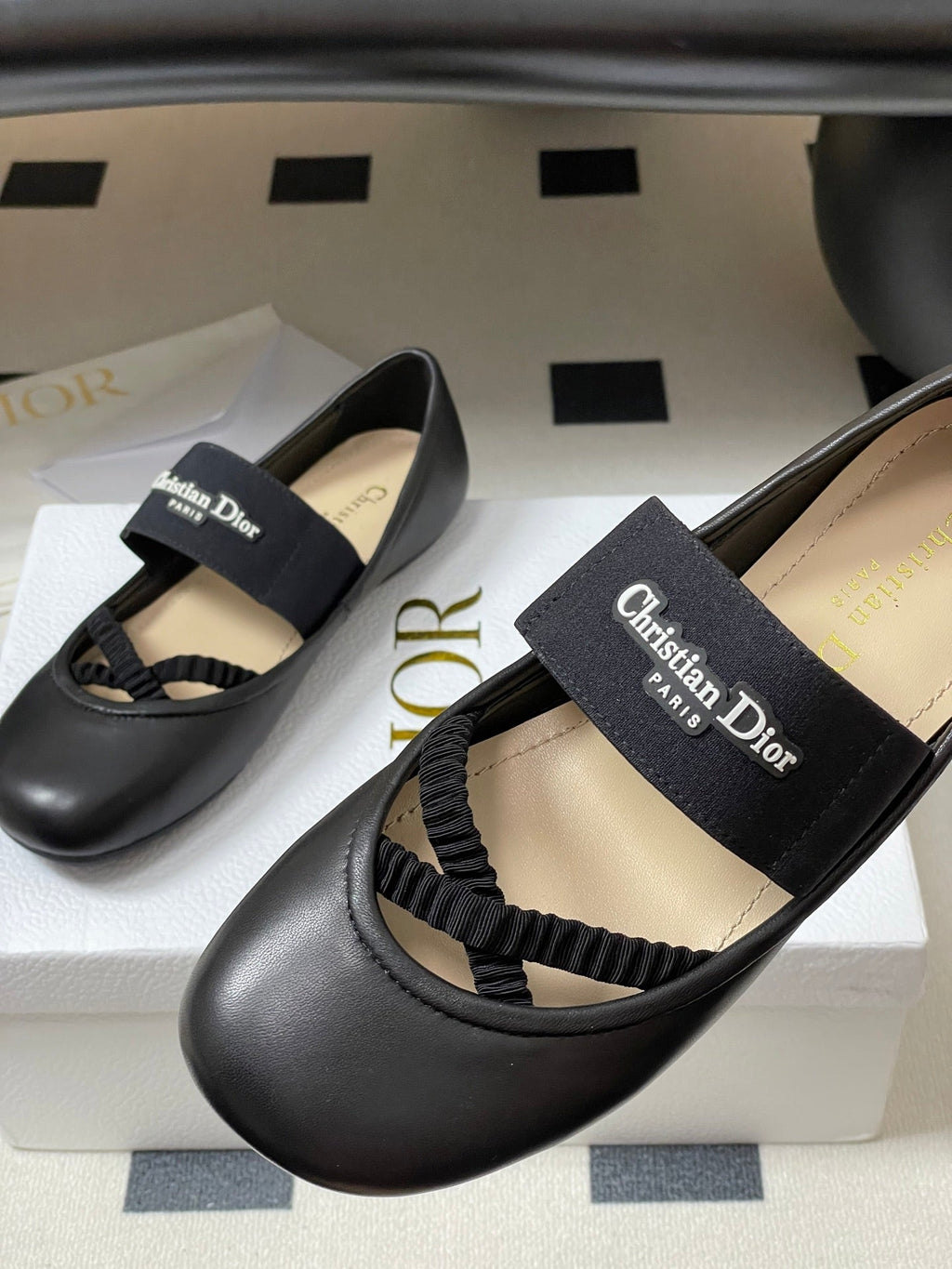DIOR STRETCH BALLET FLATS 25S IN BLACK LAMBSKIN