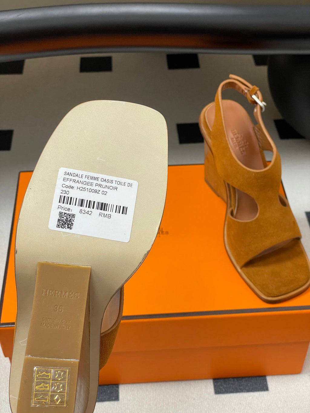 HERMES 25S KALYA WEDGE SANDAL 100 MM IN BROWN SUEDE
