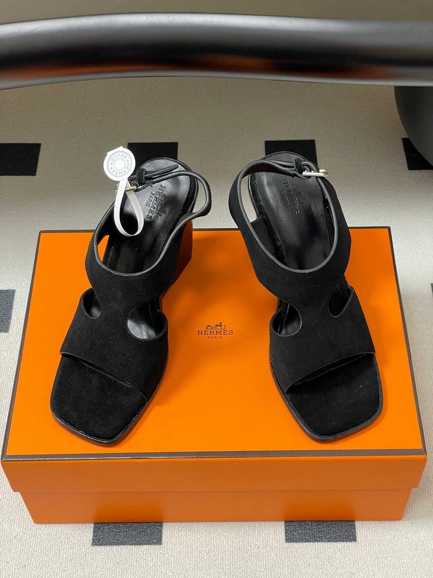 HERMES 25S KALYA WEDGE SANDAL 100 MM IN BLACK SUEDE