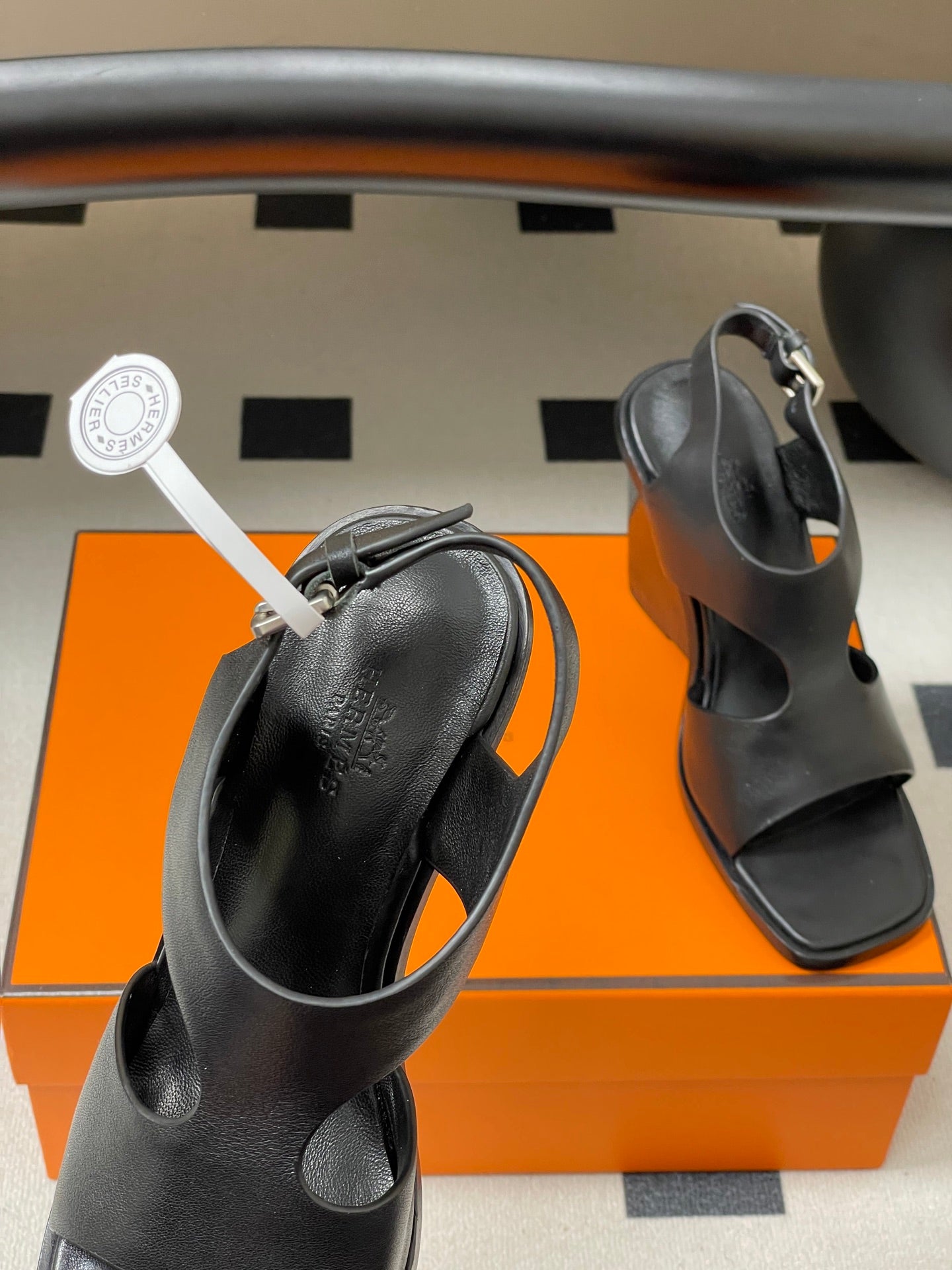 HERMES 25S KALYA WEDGE SANDAL 100 MM IN BLACK LAMBSKIN