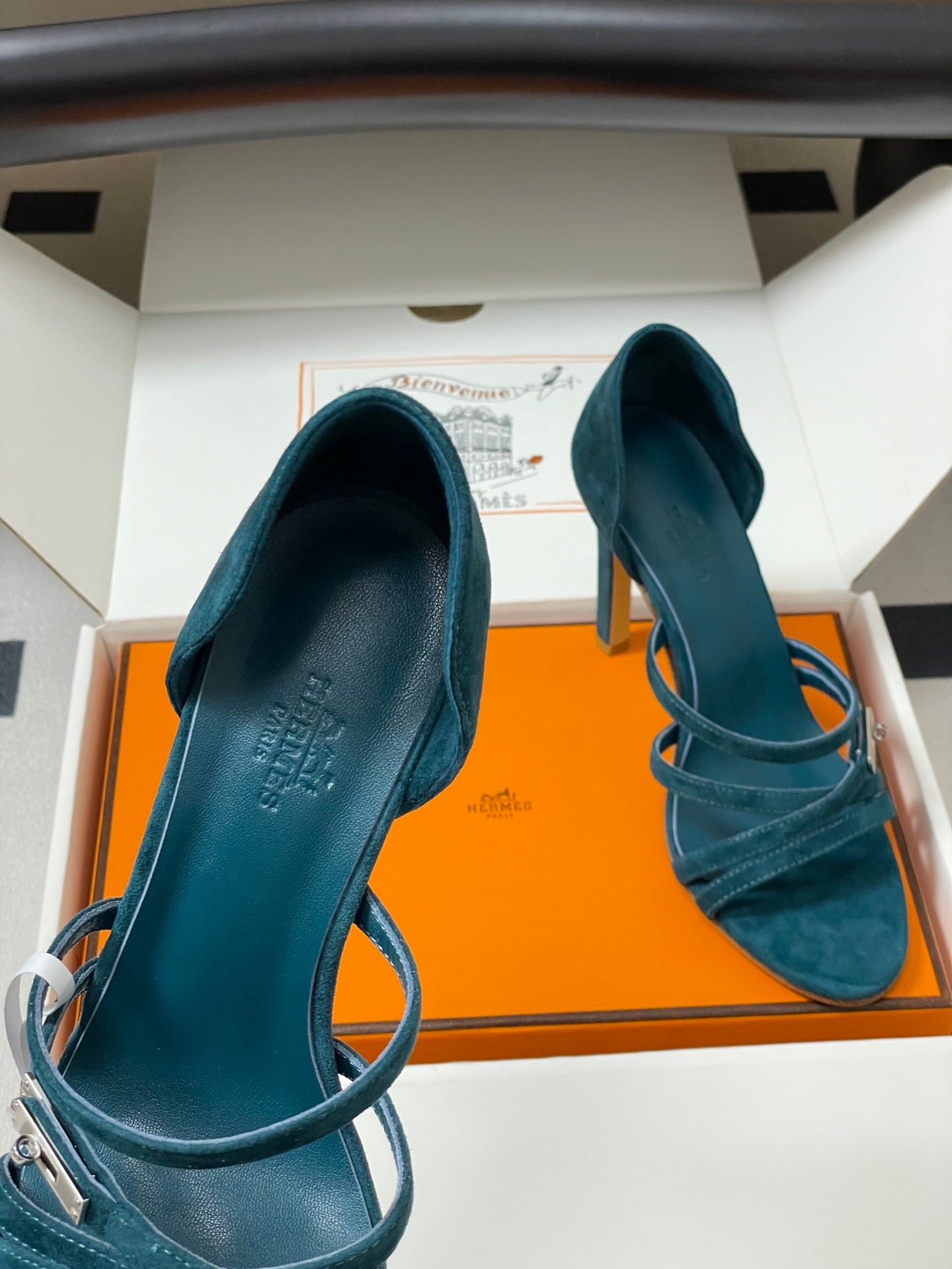 HERMES 25S HIGH-HEEL SANDAL 105 MM IN DARK BLUE SUEDE