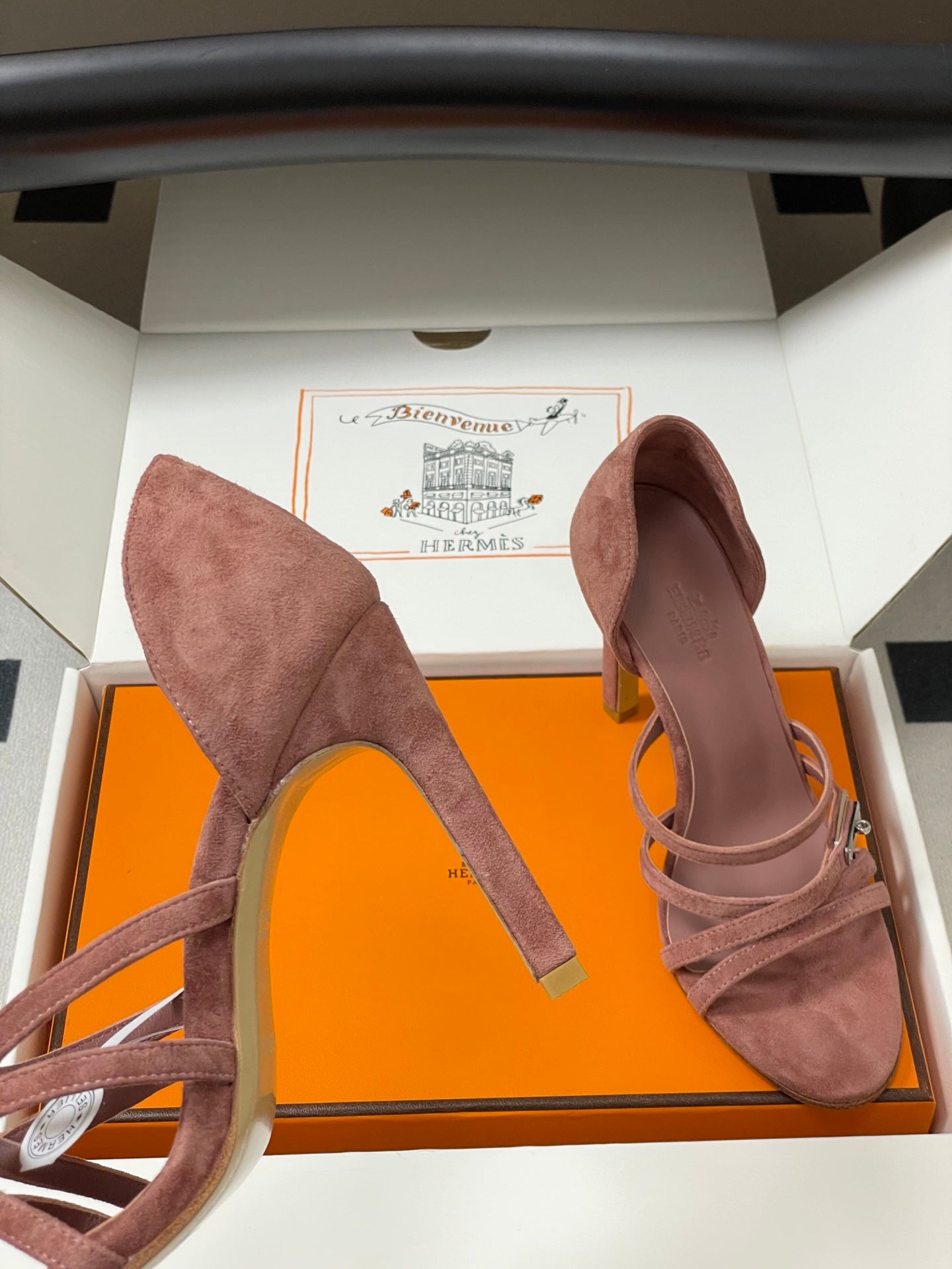 HERMES 25S HIGH-HEEL SANDAL 105 MM IN PEACHY PINK SUEDE