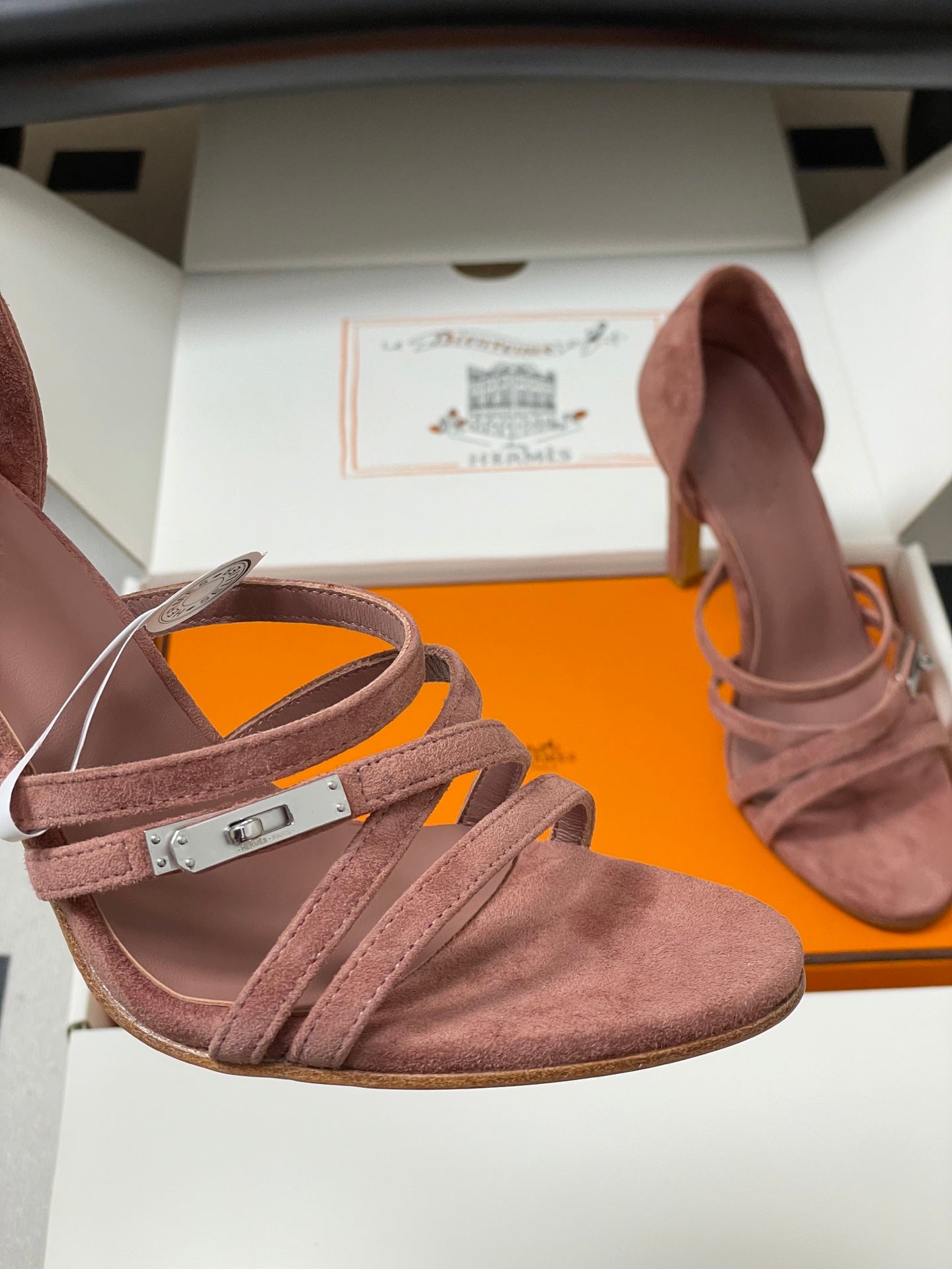 HERMES 25S HIGH-HEEL SANDAL 105 MM IN PEACHY PINK SUEDE