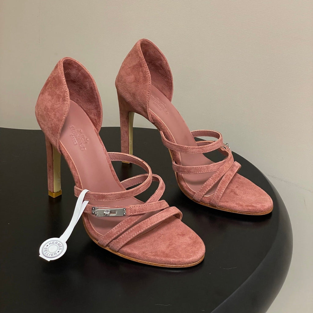 HERMES 25S HIGH-HEEL SANDAL 105 MM IN PEACHY PINK SUEDE