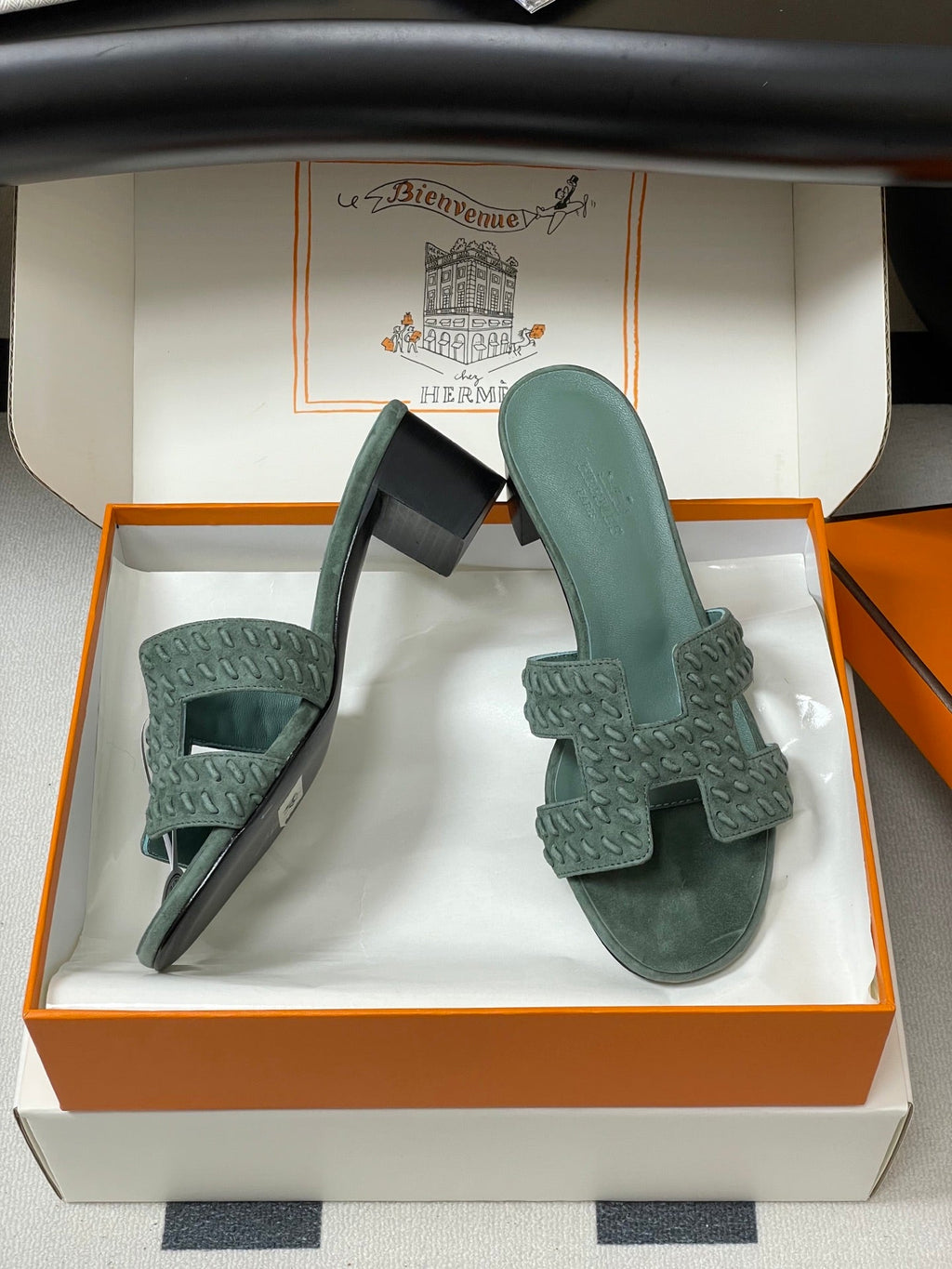 HERMES 25S ORAN HIGH‑HEEL SANDAL IN MUTED MINT GREEN SUEDE AND LAMBSKIN