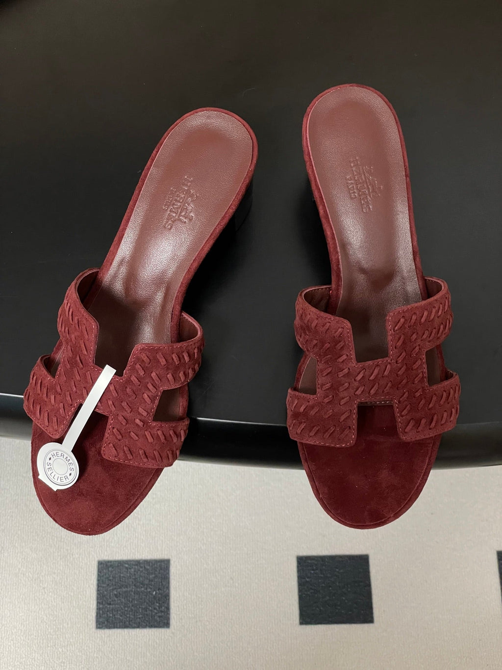 HERMES 25S ORAN HIGH‑HEEL SANDAL IN DARK RED SUEDE AND LAMBSKIN