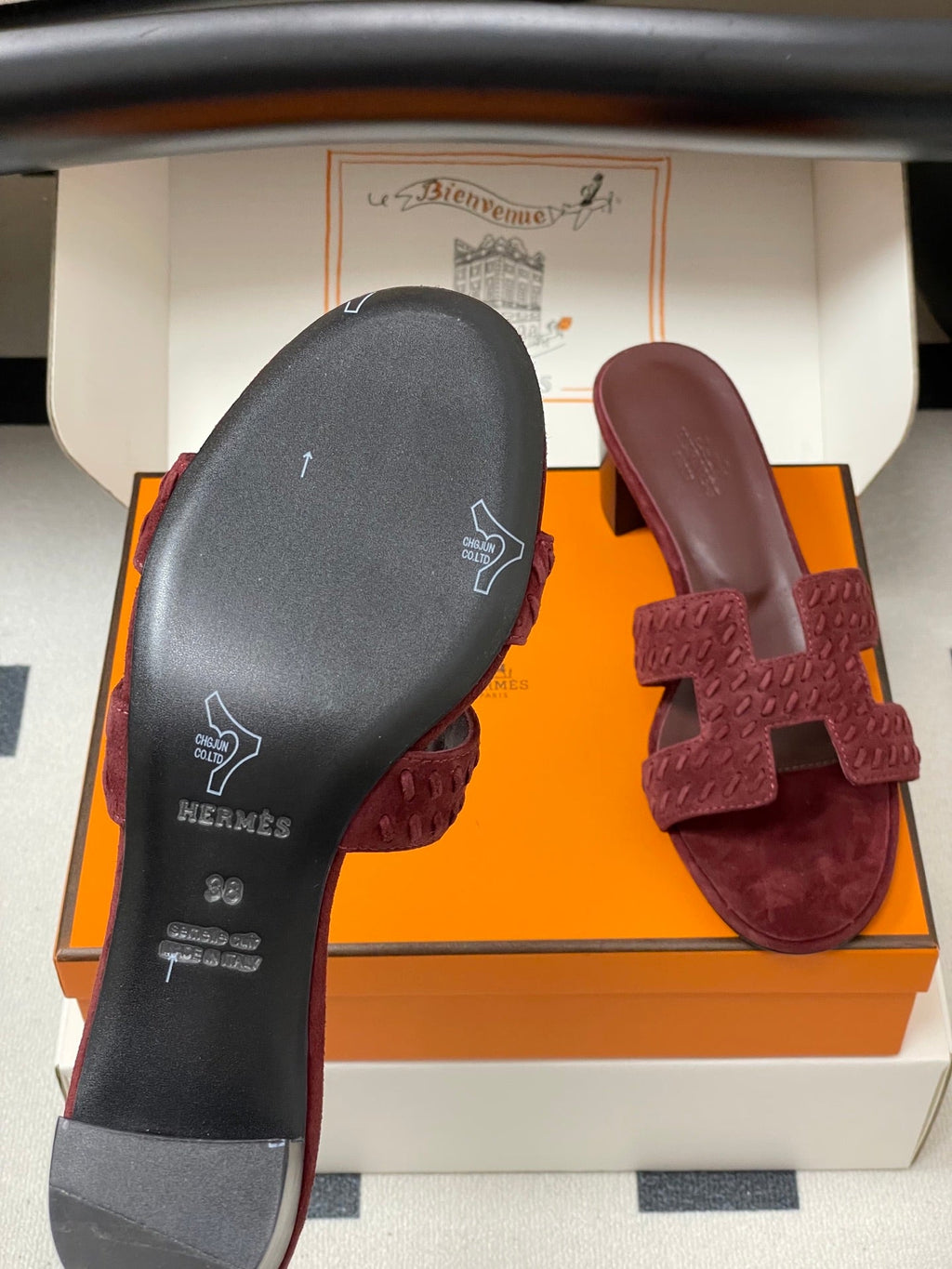 HERMES 25S ORAN HIGH‑HEEL SANDAL IN DARK RED SUEDE AND LAMBSKIN