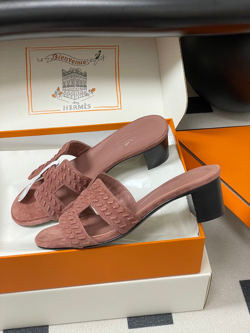 HERMES 25S ORAN HIGH‑HEEL SANDAL IN PEACHY PINK SUEDE AND LAMBSKIN