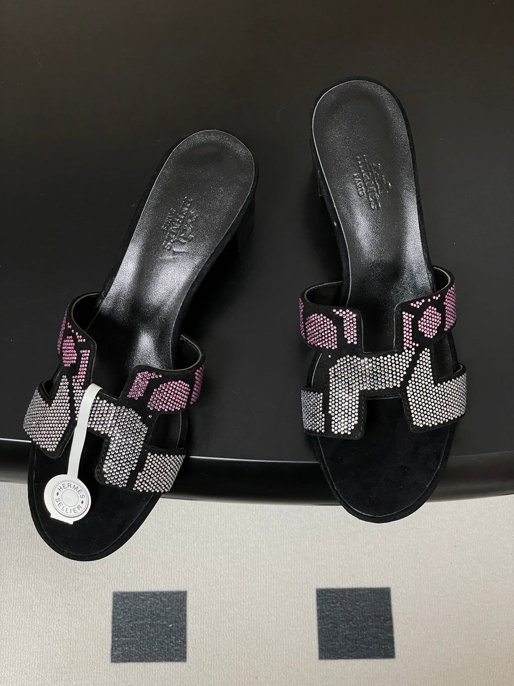 HERMES 25S ORAN HIGH‑HEEL SANDAL 50 MM IN BLACK LAMBSKIN WITH WHITE MIX PINK STONE DETAILS