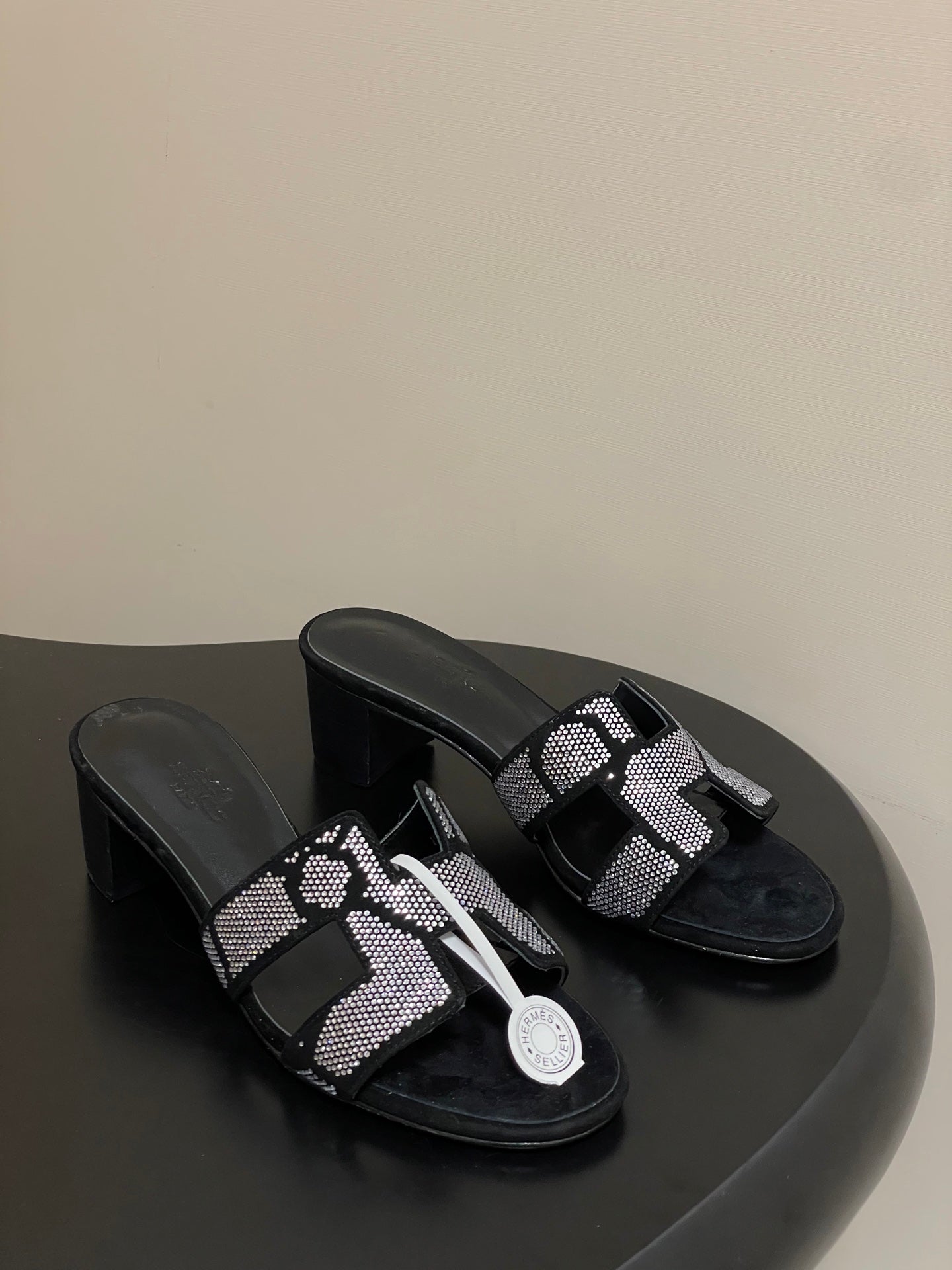 HERMES 25S ORAN HIGH‑HEEL SANDAL 50 MM IN BLACK LAMBSKIN WITH WHITE STONE DETAILS