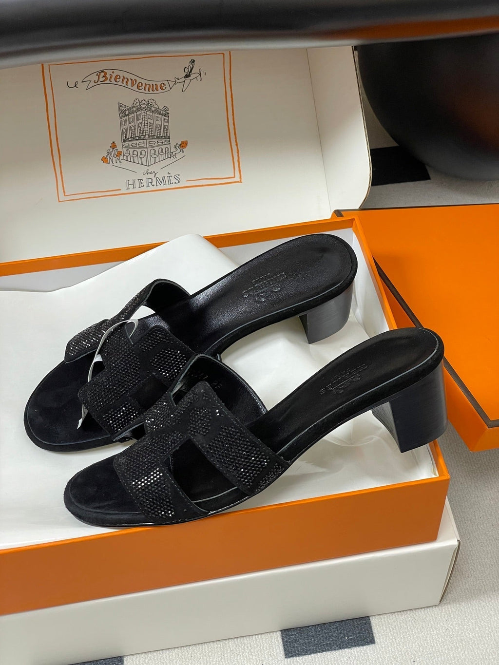HERMES 25S ORAN HIGH‑HEEL SANDAL 50 MM IN BLACK LAMBSKIN WITH STONE DETAILS