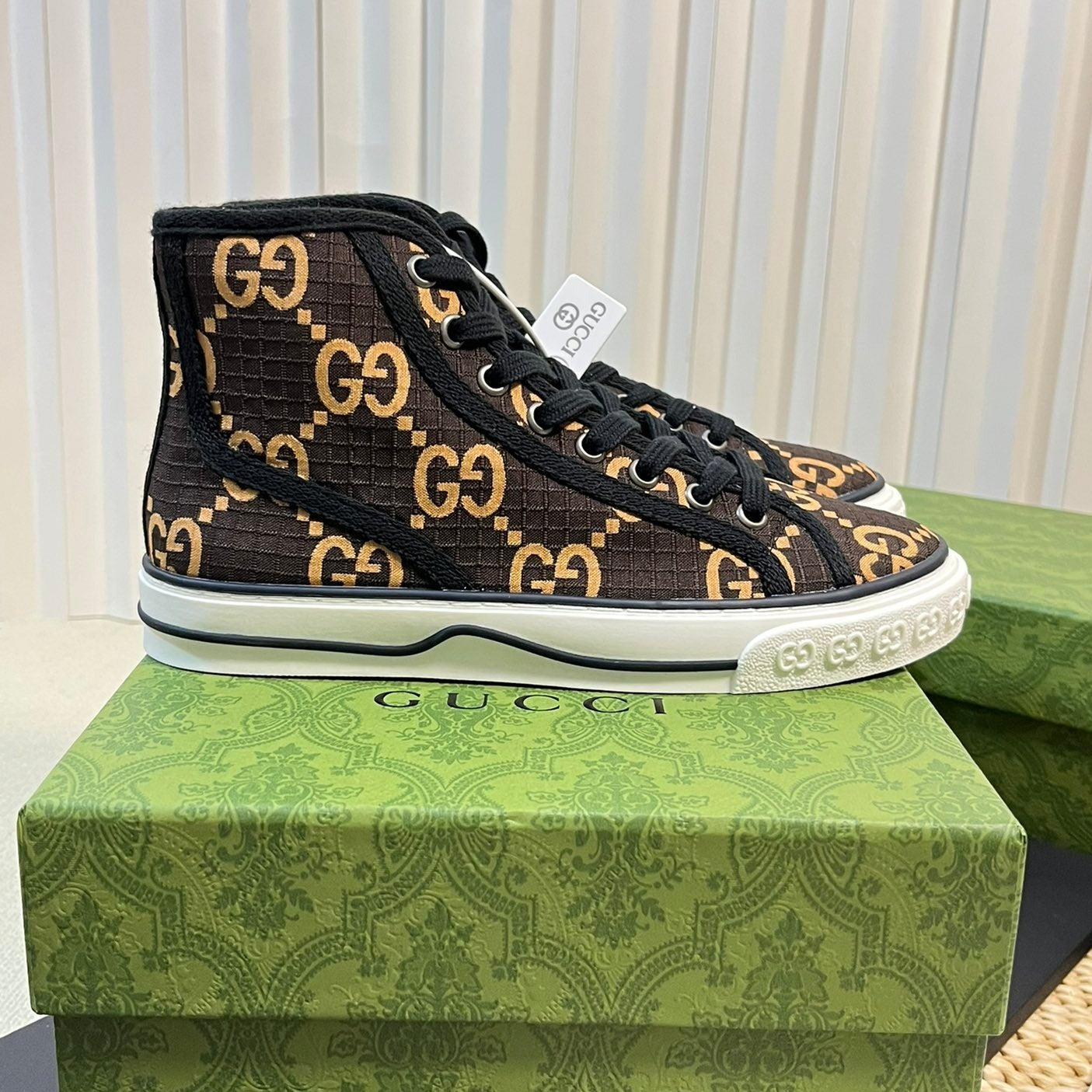 GUCCI Tennis 1977 High Top Sneaker  Black Brown Caro