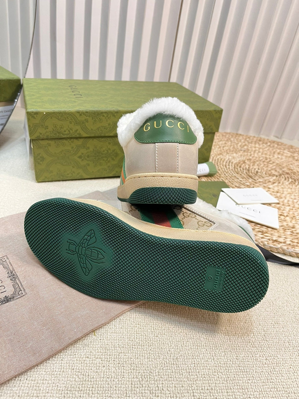 GUCCI SNEAKER WITH WEB IN BEIGE GREEN FABRIC MIX SUEDE AND LAMB WOOL LINING