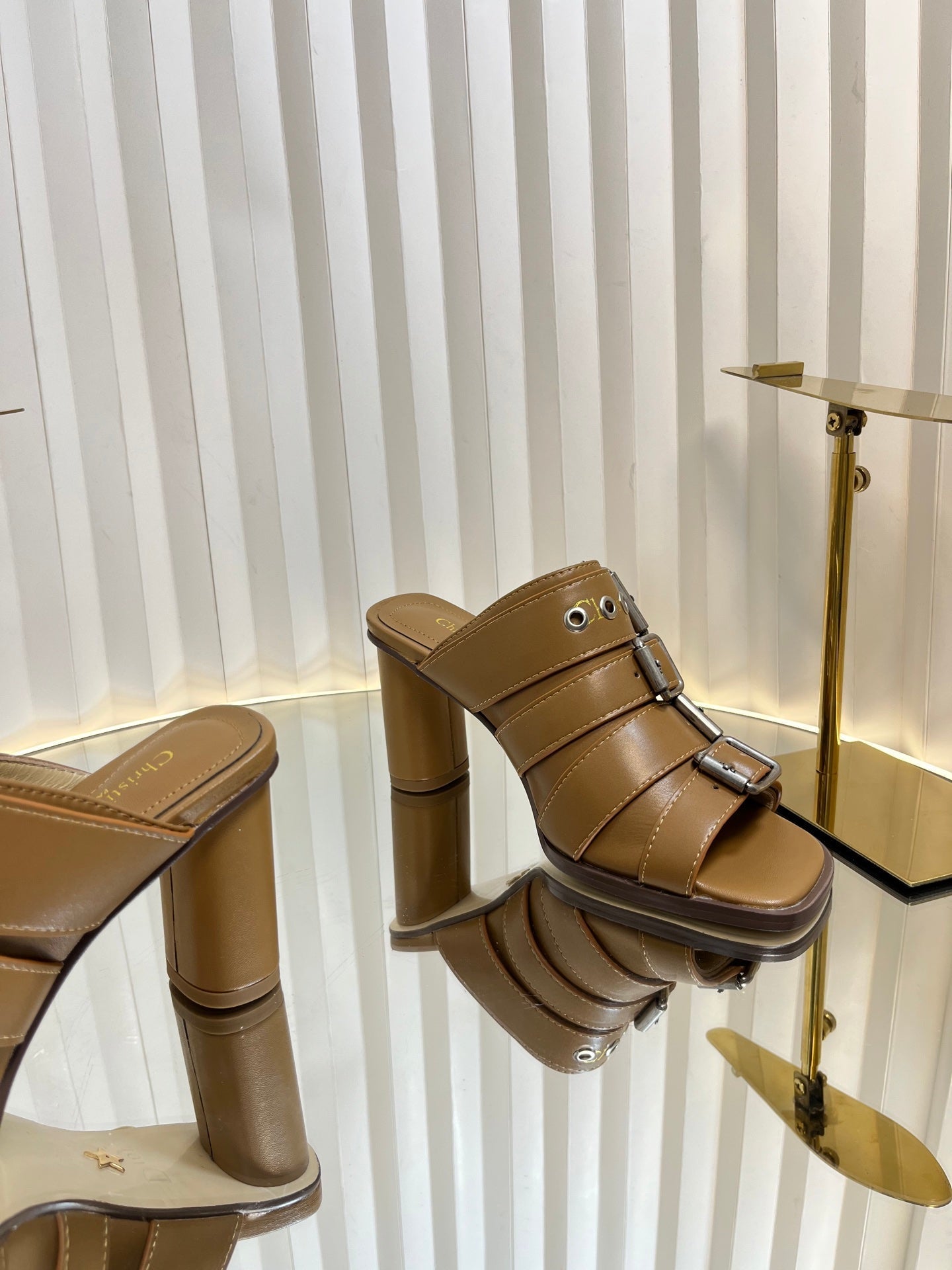 DIOR PUNK HEEL SLIDES 25S 80MM IN BROWN CALFSKIN