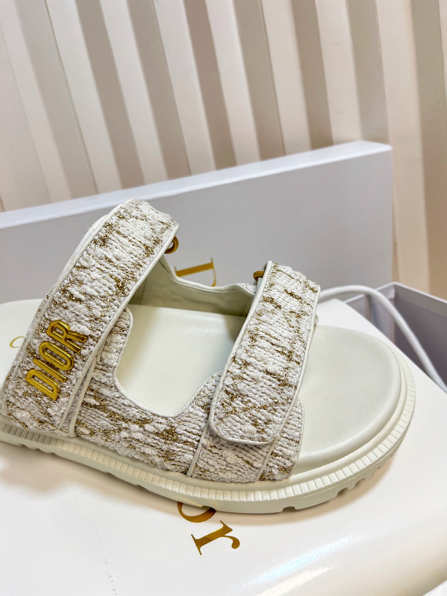 DIOR ACT SLIDES 25MM IN WHITE AND GOLD TWEED