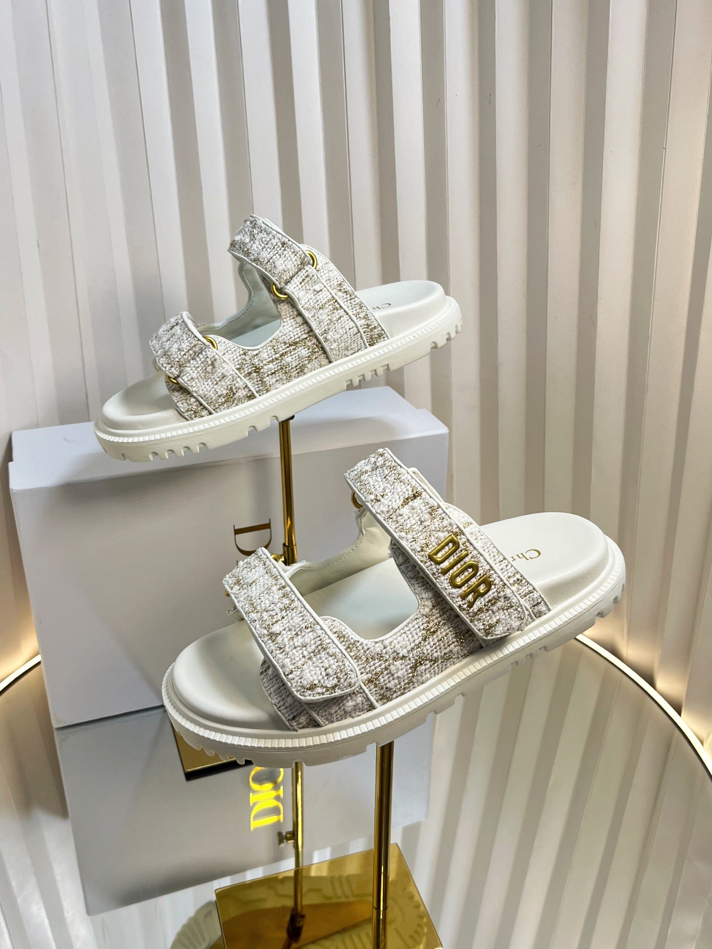 DIOR ACT SLIDES 25MM IN WHITE AND GOLD TWEED