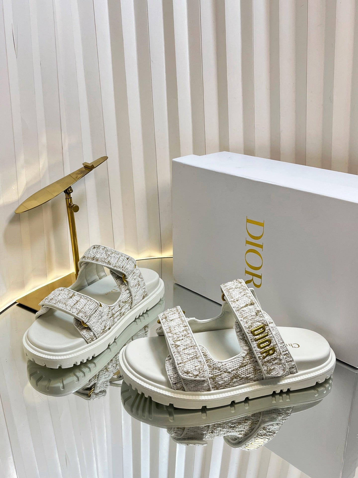DIOR ACT SLIDES 25MM IN WHITE AND GOLD TWEED