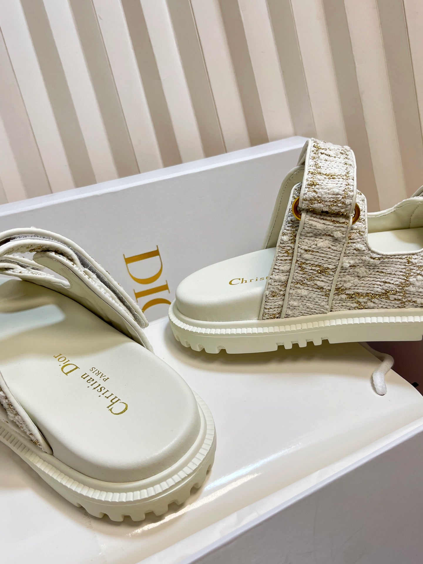 DIOR ACT SLIDES 25MM IN WHITE AND GOLD TWEED